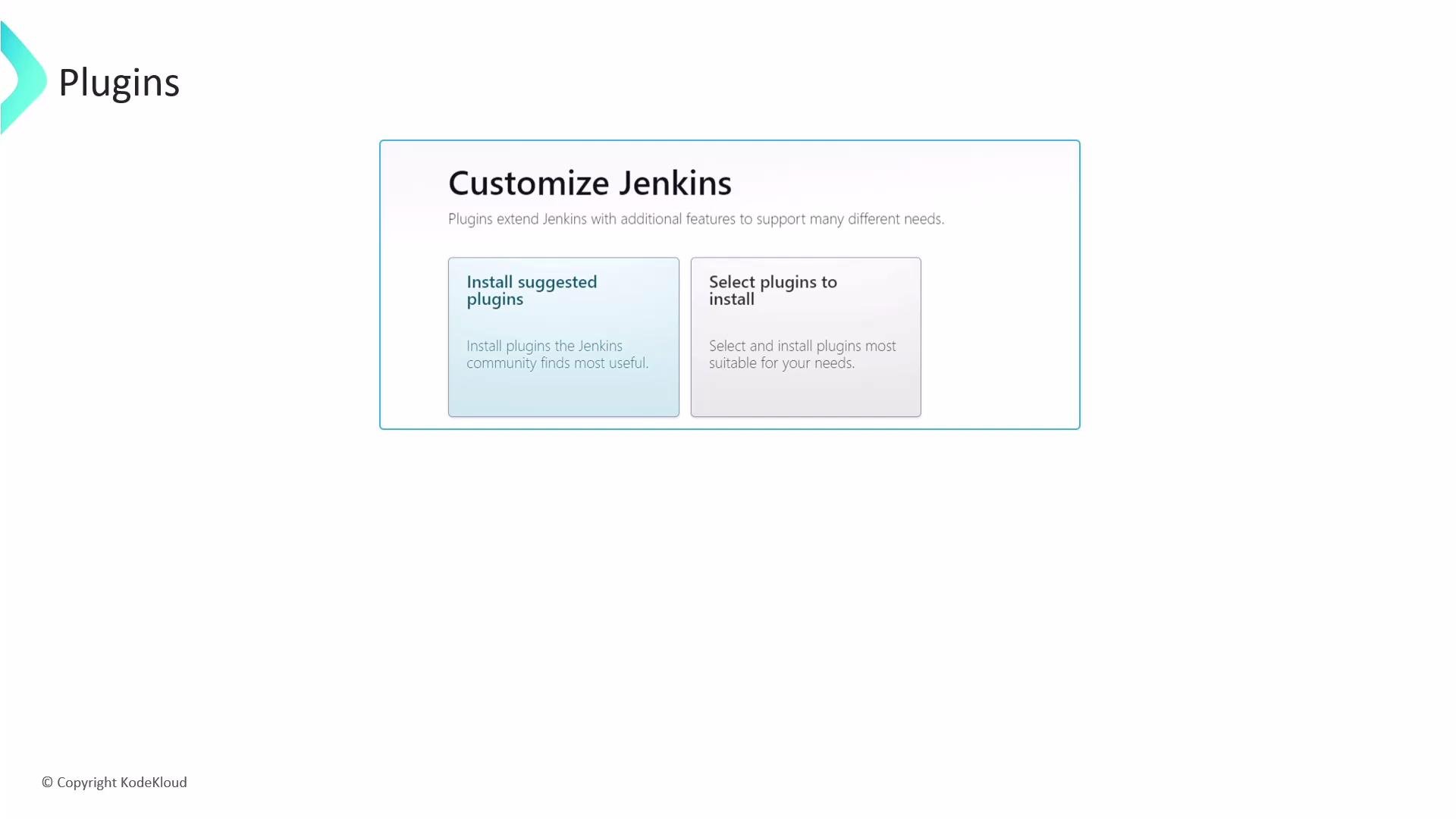 A Jenkins "Customize Jenkins" screen showing two plugin options: "Install suggested plugins" and "Select plugins to install." The slide also has a "Plugins" header and a small KodeKloud copyright.