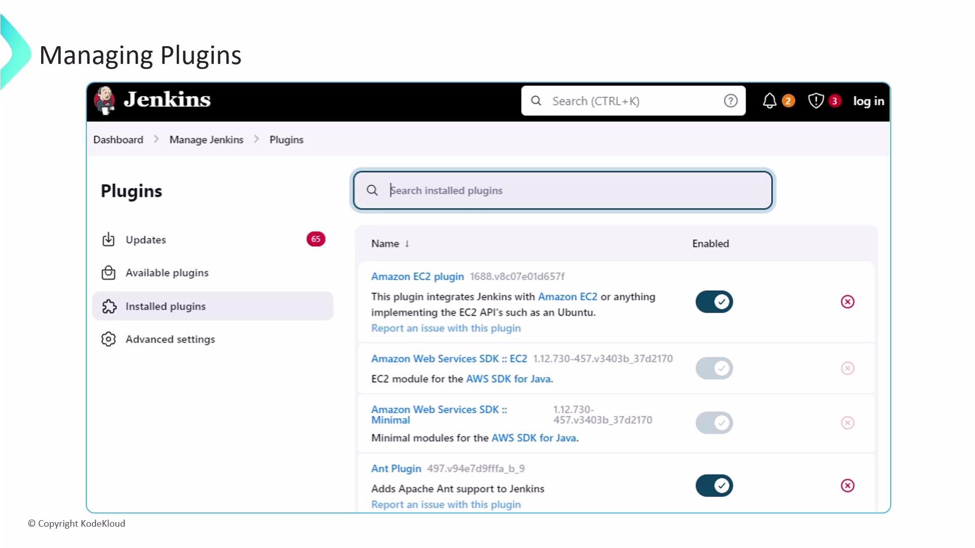 A screenshot of the Jenkins "Manage Plugins" page showing a list of installed plugins (Amazon EC2, AWS SDK, Ant, etc.) with a search box and enable/disable toggles. The left sidebar shows navigation options like Updates, Available plugins, and Installed plugins.