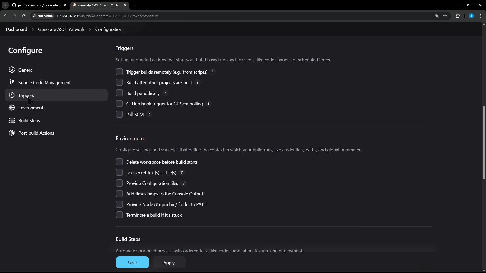 A dark-themed Jenkins job "Configure" page showing the left navigation (General, Source Code Management, Triggers, etc.) and the main panel with Triggers and Environment options (checkboxes for build triggers, workspace cleanup, timestamps, etc.). The Save and Apply buttons are visible at the bottom.