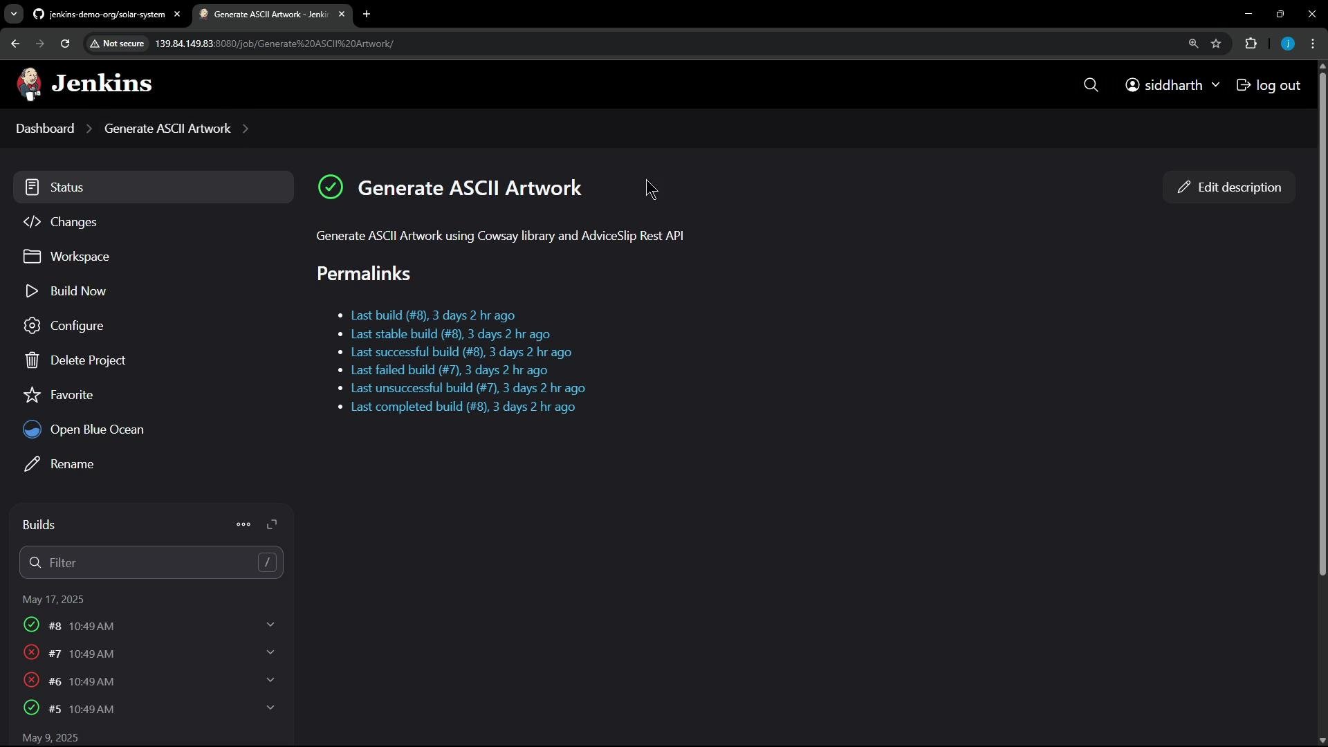A dark-themed Jenkins web interface for a job titled "Generate ASCII Artwork," showing the job description and permalinks in the main area with a builds panel and navigation menu on the left.