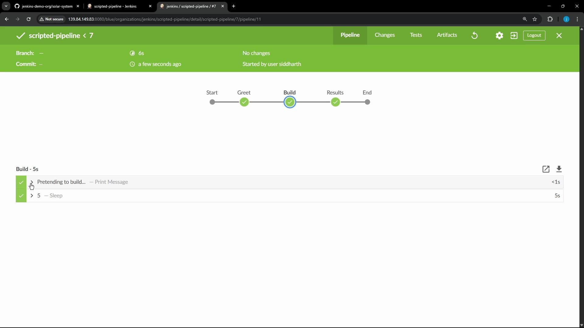 A screenshot of a Jenkins scripted-pipeline run showing stages (Start, Greet, Build, Results, End) with green checkmarks indicating success. The build log lists completed steps including "Pretending to build..." and a 5-second sleep.