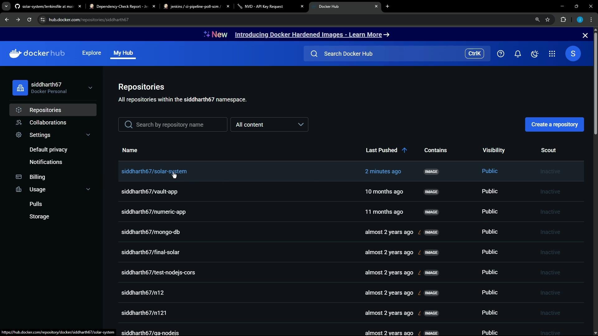 A screenshot of the Docker Hub "My Hub" Repositories page for the user "siddharth67." It shows a list of repositories (e.g., siddharth67/solar-system, vault-app, numeric-app, mongo-db) with last-pushed timestamps and visibility set to Public.