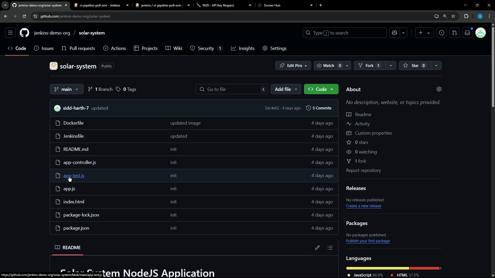 A dark-themed GitHub repository page for "jenkins-demo-org/solar-system" showing the file list (Dockerfile, Jenkinsfile, README.md, app.js, app-test.js, package.json, etc.) on the main branch. The right sidebar shows repo details like commits, forks, stars, and languages.