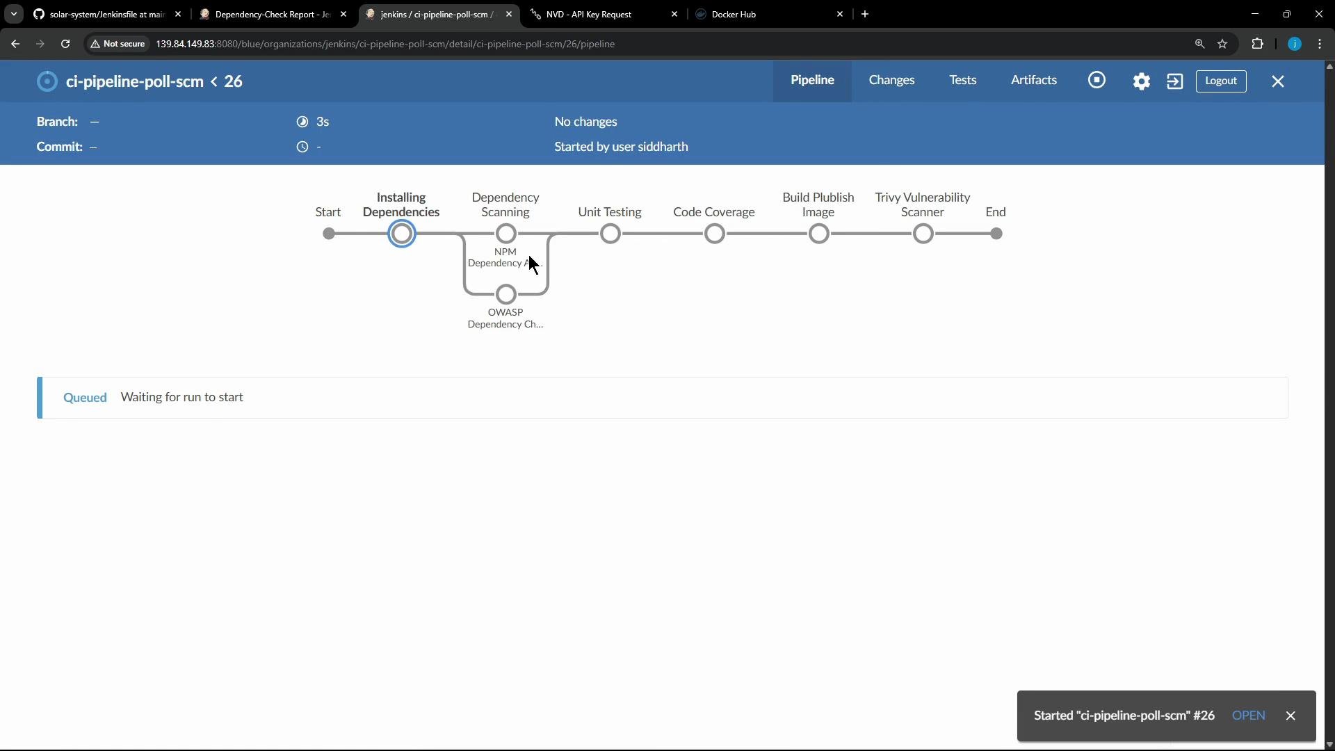 A screenshot of a Jenkins Blue Ocean pipeline page for "ci-pipeline-poll-scm #26" showing staged steps (Start, Installing Dependencies, Dependency Scanning, Unit Testing, Code Coverage, Build Publish Image, Trivy Vulnerability Scanner, End). The pipeline is queued with a message "Waiting for run to start" and shows NPM/OWASP dependency checks.