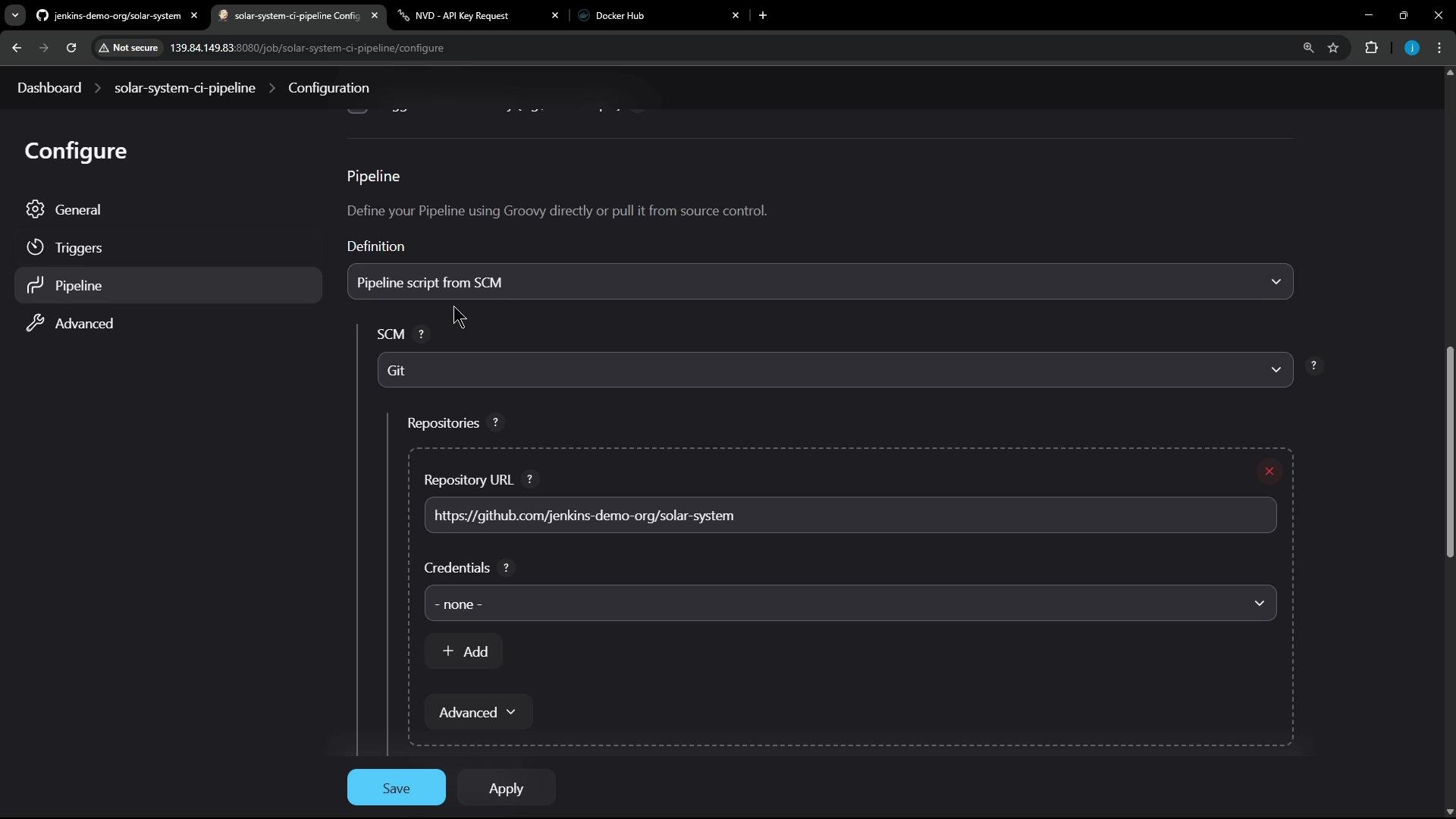 A dark-themed screenshot of a Jenkins job "Configure" page showing the Pipeline section set to "Pipeline script from SCM" with Git selected and the repository URL filled as "https://github.com/jenkins-demo-org/solar-system". The left sidebar shows configuration tabs (General, Triggers, Pipeline, Advanced) and Save/Apply buttons are visible at the bottom.