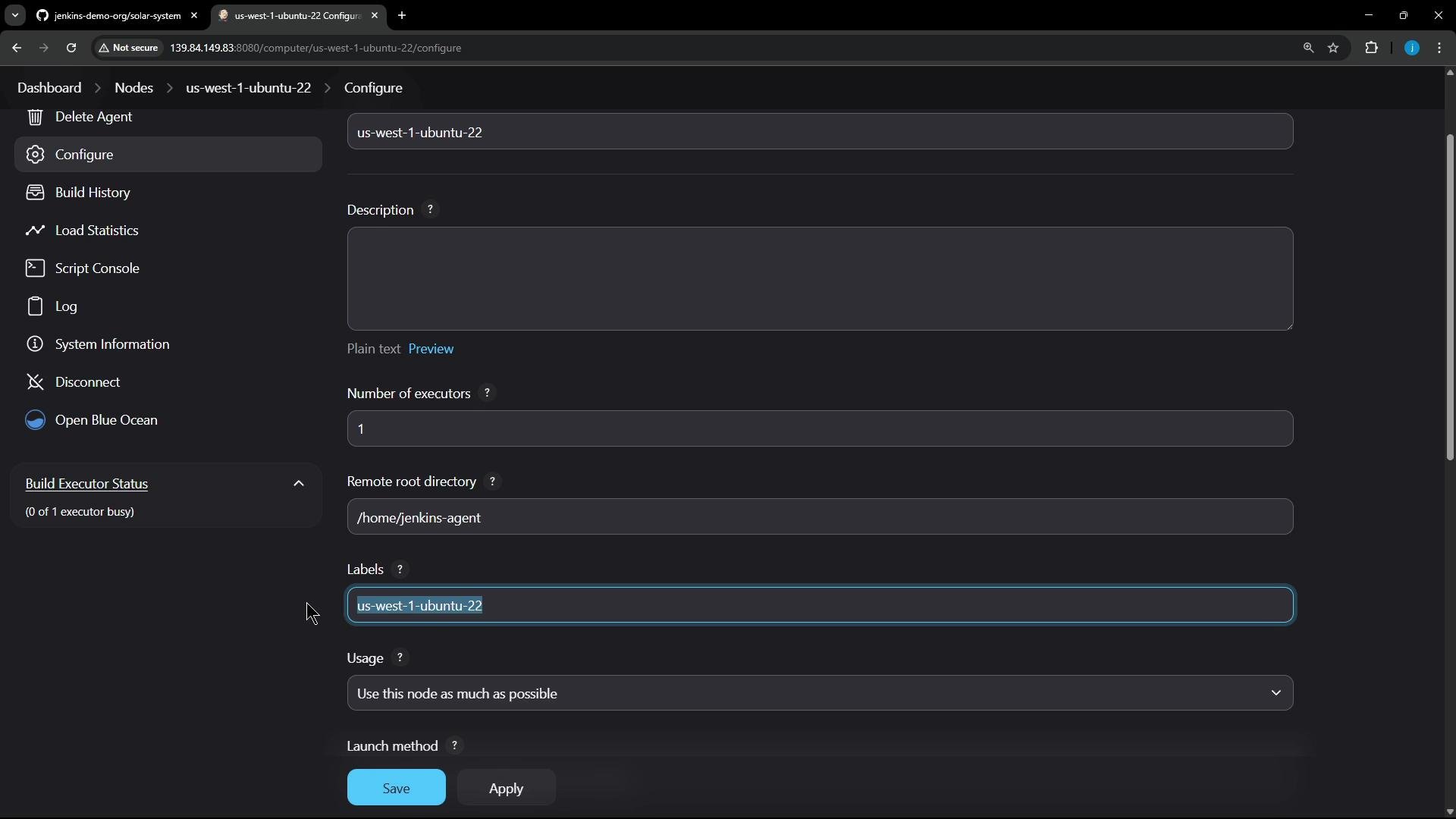 A dark-themed Jenkins node configuration page for the agent "us-west-1-ubuntu-22," showing fields like Description, Number of executors (1), Remote root directory (/home/jenkins-agent), Labels, and Save/Apply buttons. The left sidebar lists agent actions (Delete Agent, Configure, Build History, etc.) and a Build Executor Status panel.