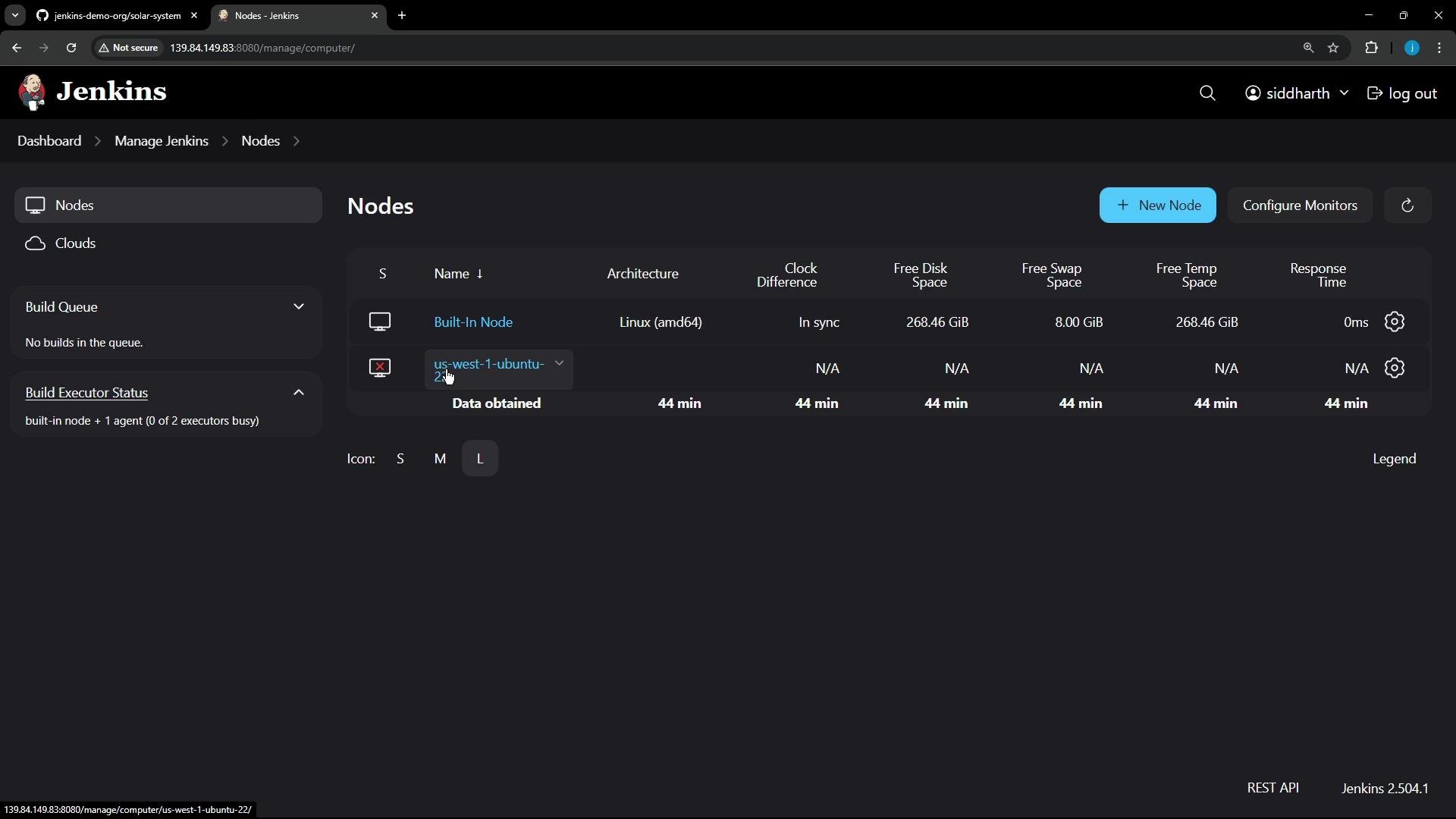 A screenshot of the Jenkins "Nodes" management page in dark theme showing a Built-In Node (Linux amd64) with free disk/swap stats and an offline agent named "us-west-1-ubuntu-22" reporting N/A metrics. The top toolbar shows a "New Node" button and the logged-in user "siddharth."