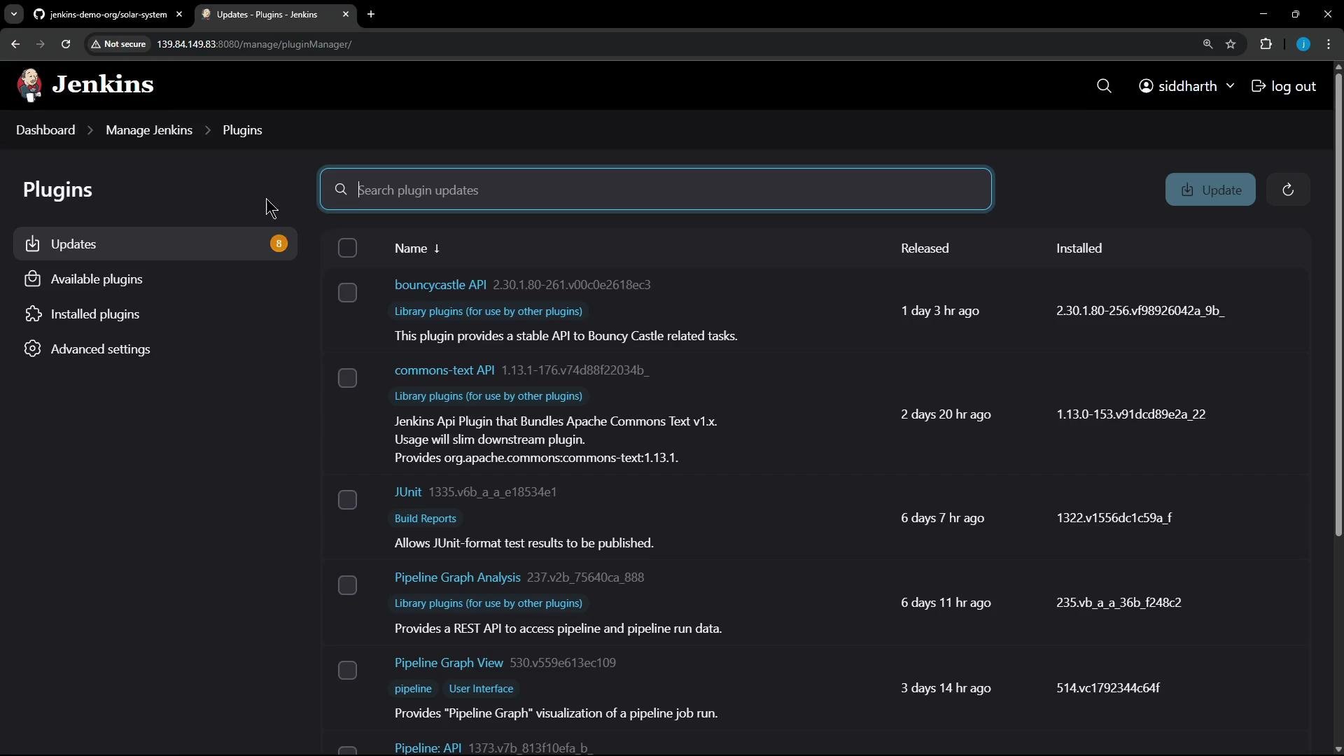 A screenshot of the Jenkins web UI on the Plugins > Updates page showing a list of plugins available for update (e.g., bouncycastle API, commons-text, JUnit, Pipeline Graph Analysis). The interface includes a search bar, an "Update" button, and navigation links on the left.