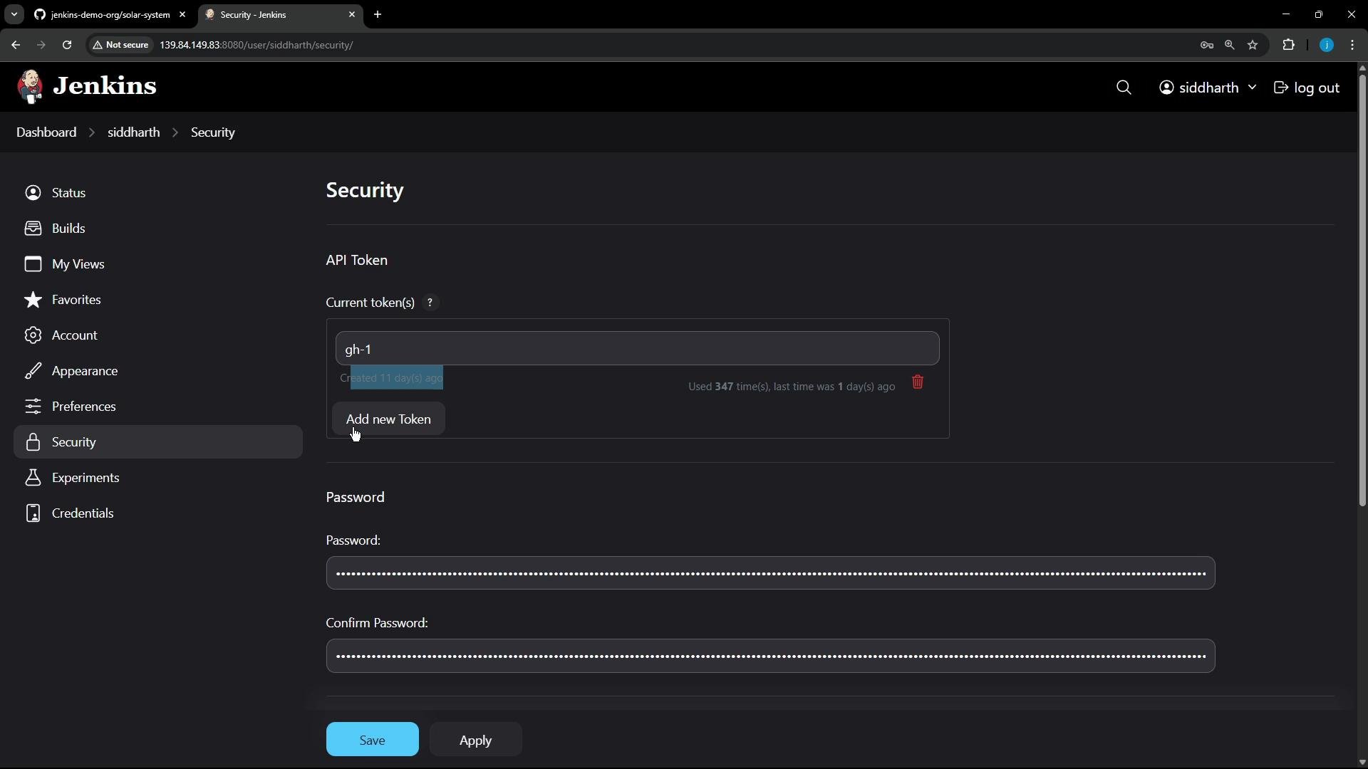 A screenshot of the Jenkins web interface on the "Security" settings page, showing API token management (a token labeled "gh-1" and an "Add new Token" button) and password/confirm password fields with Save/Apply buttons. The dark-themed layout includes a left navigation menu with items like Status, Builds, Account, and Security.