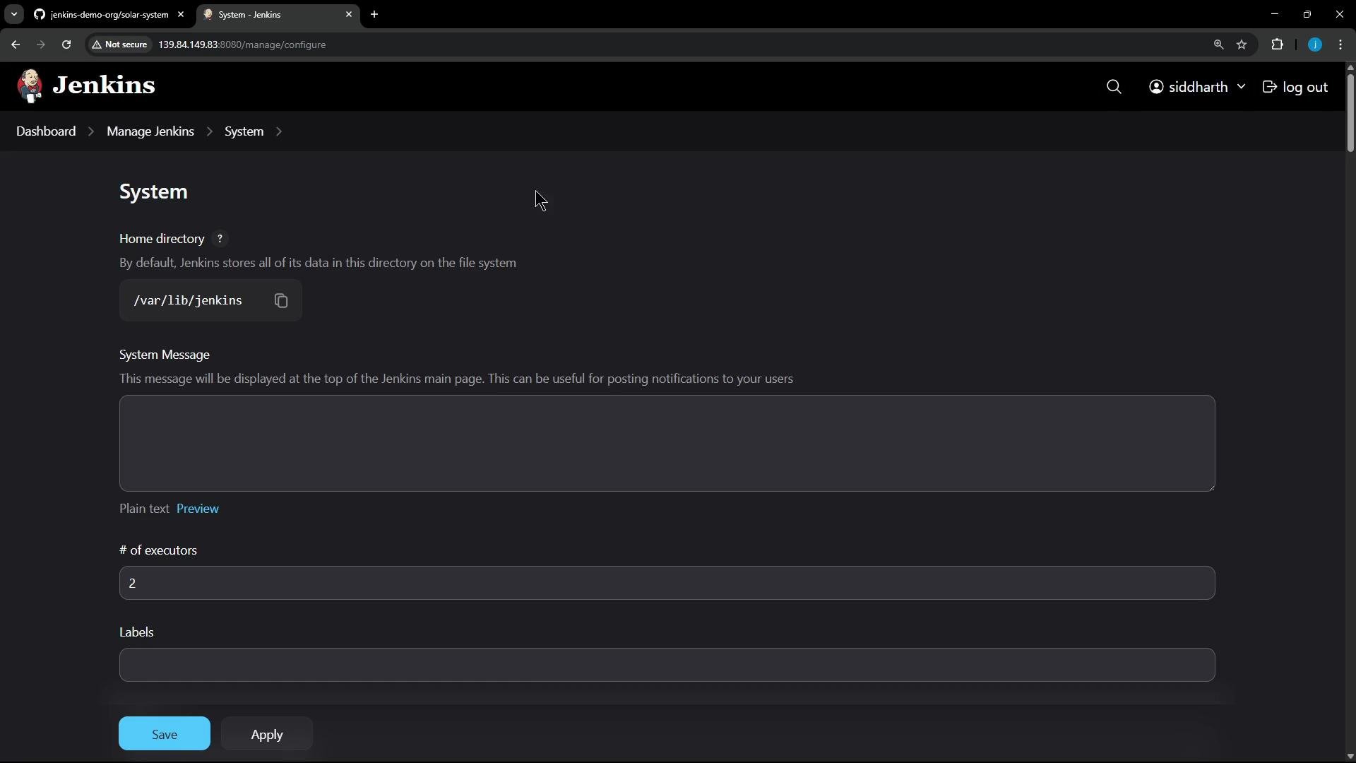 A dark-themed Jenkins "System" settings page. It shows the Jenkins home directory (/var/lib/jenkins), a system message box, executors set to 2, and Save/Apply buttons.