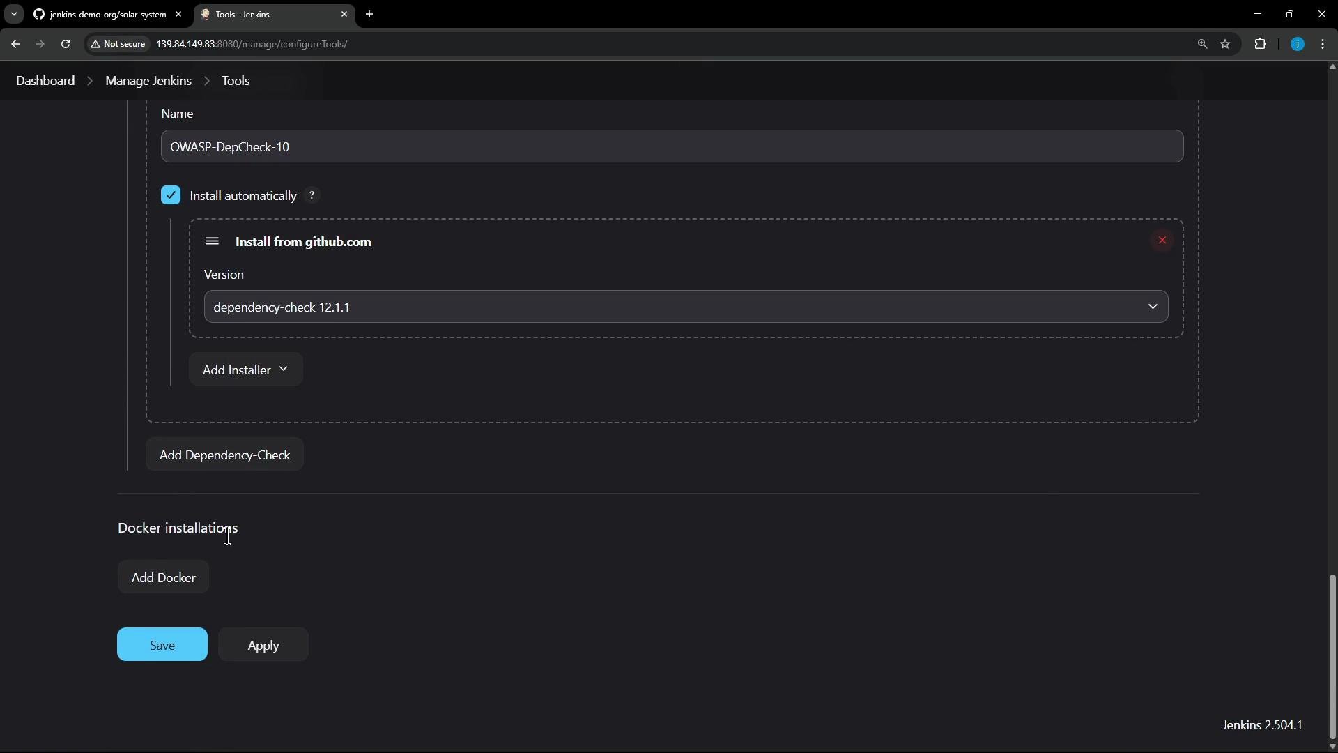 A dark‑theme screenshot of the Jenkins "Manage Jenkins → Tools" configuration page showing an OWASP-DepCheck tool entry. The "Install automatically" box is checked and the installer is set to "dependency-check 12.1.1", with Add Docker, Save and Apply buttons visible.