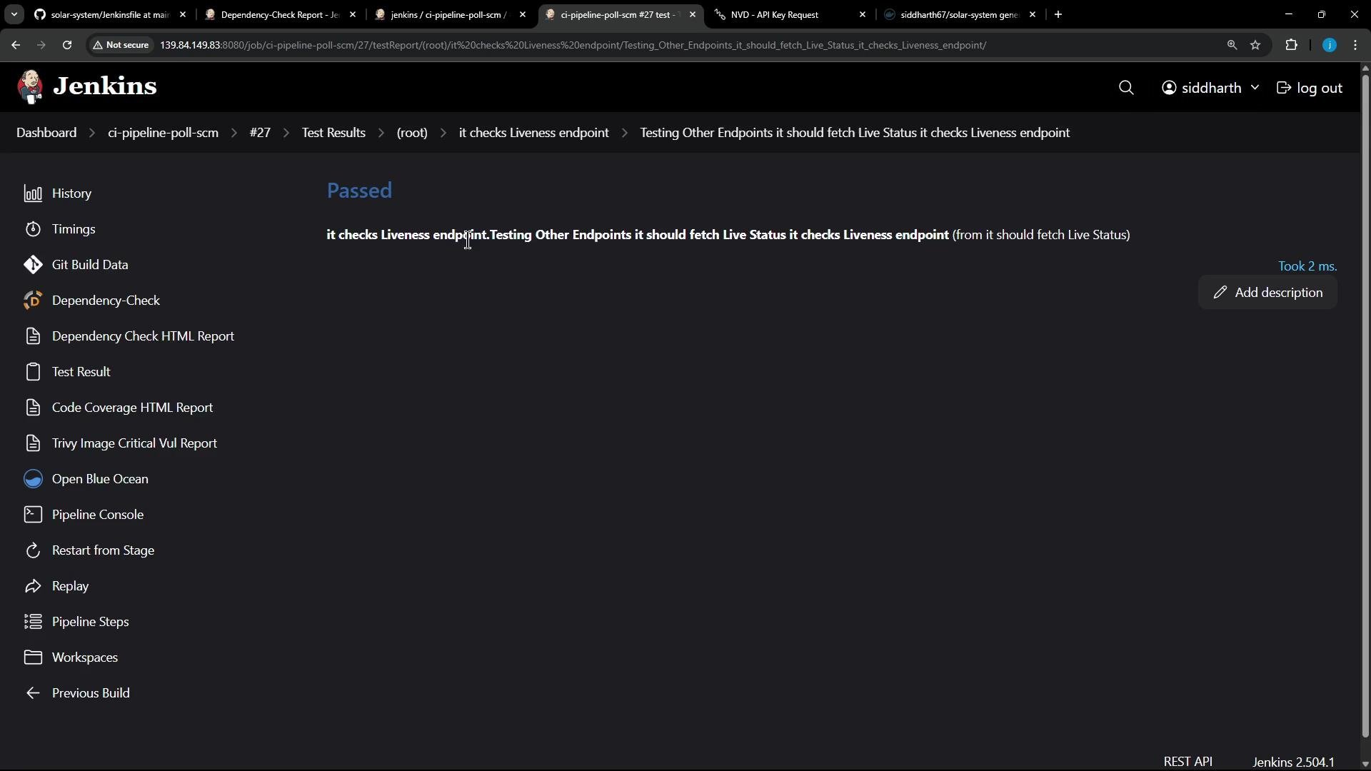 A screenshot of the Jenkins CI web interface showing a test results page marked "Passed" with a left-hand navigation menu of reports and pipeline options. The main panel displays a test case about checking a liveness endpoint and a button to add a description.