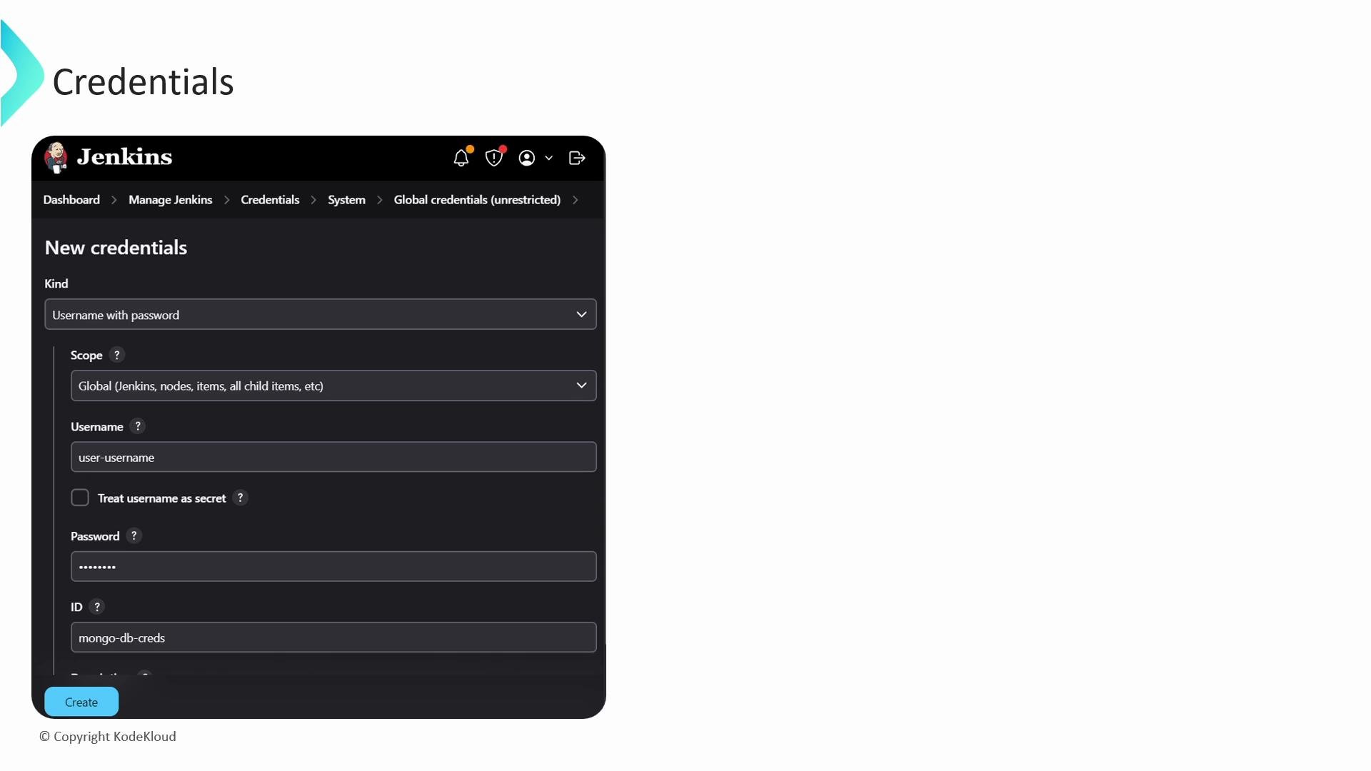 A dark-themed Jenkins "New credentials" screen showing a form to add credentials (kind, scope, username, password, ID) with a "Create" button. The page header and breadcrumb navigation are visible at the top.