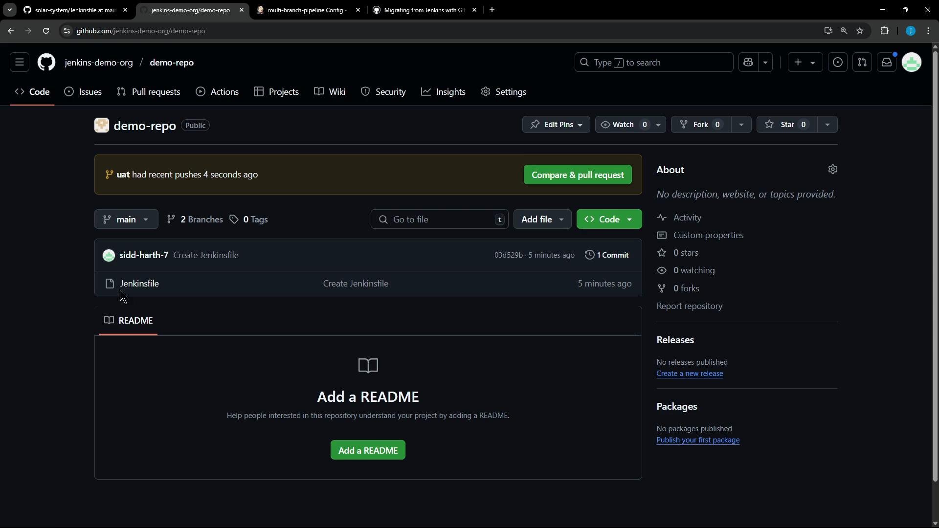 A dark-themed GitHub repository page for "demo-repo" (jenkins-demo-org) showing branch and commit details including a Jenkinsfile. The page also shows an "Add a README" prompt and a "Compare & pull request" button.
