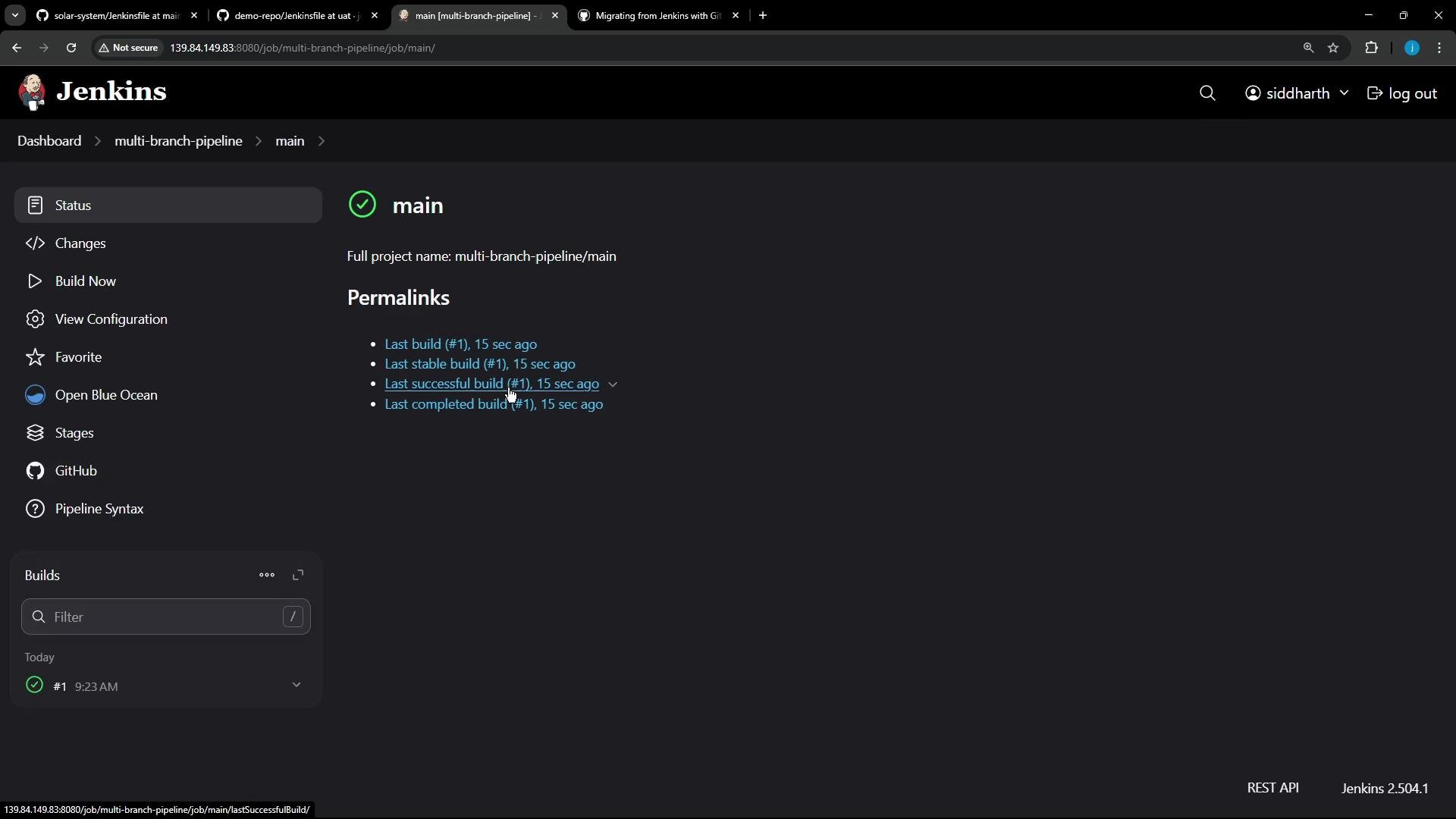 A dark-themed Jenkins dashboard showing the "multi-branch-pipeline / main" job page with permalinks to the last builds and a sidebar of actions (Status, Changes, Build Now, etc.). The Builds panel at left shows a successful build #1.