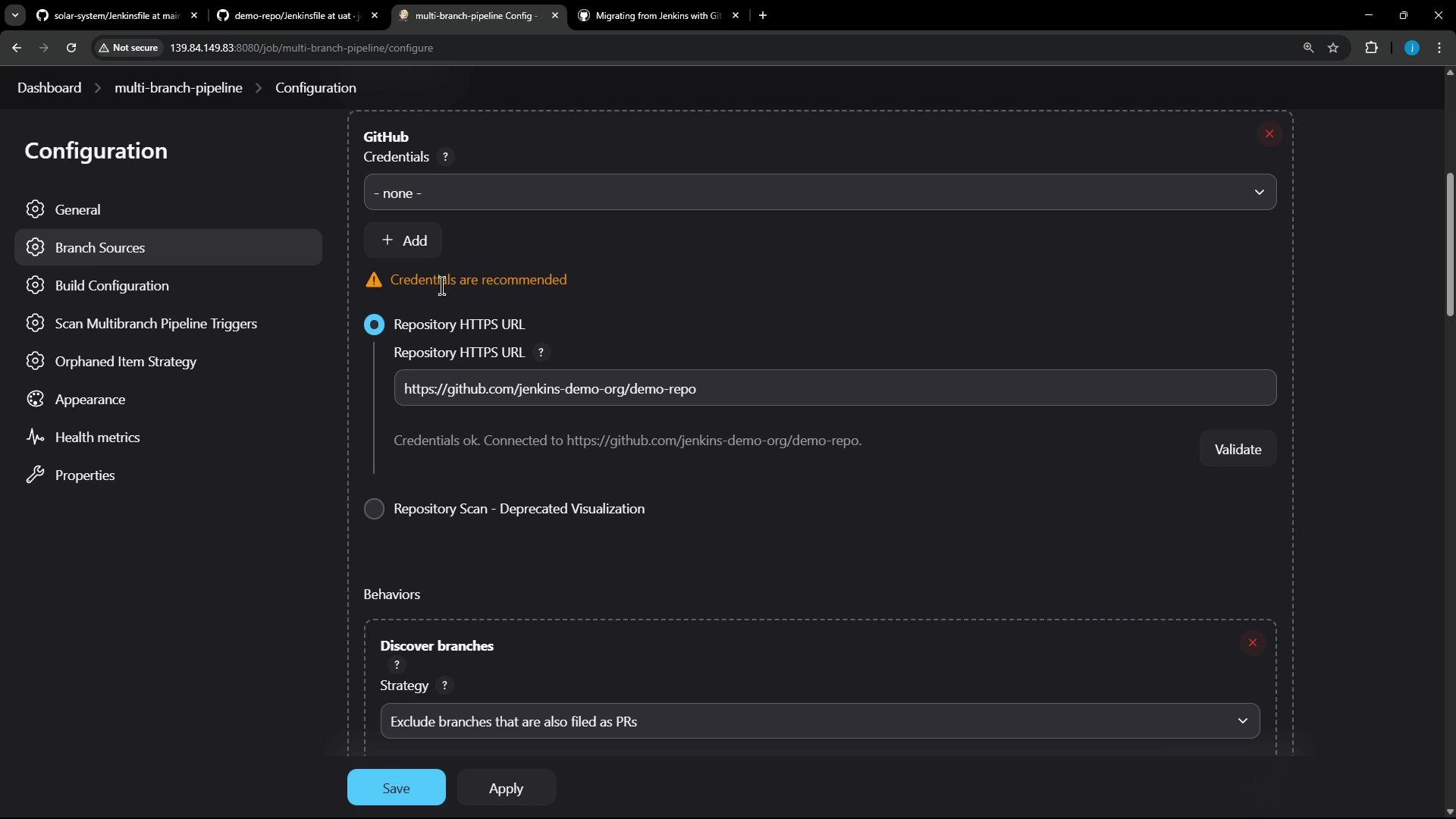A screenshot of the Jenkins multi-branch pipeline Configuration page showing the Branch Sources section for a GitHub repo, including a Credentials dropdown and the Repository HTTPS URL field populated with https://github.com/jenkins-demo-org/demo-repo. The left sidebar lists other configuration panels and Save/Apply buttons are visible at the bottom.