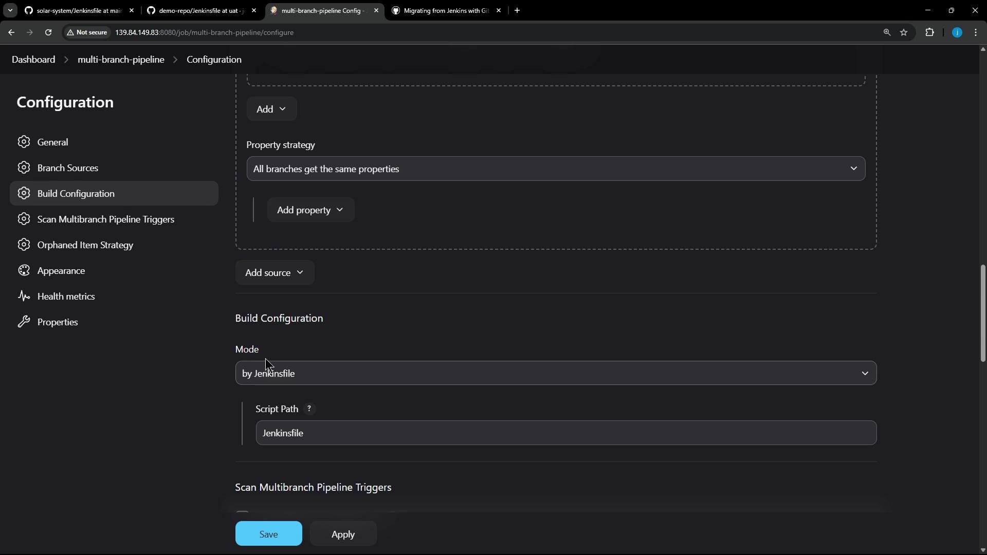A dark-themed Jenkins web UI screenshot showing the Configuration page for a multi-branch pipeline, with sections like Build Configuration, Property strategy, and Script Path. The left sidebar lists configuration categories and there are "Save" and "Apply" buttons at the bottom.