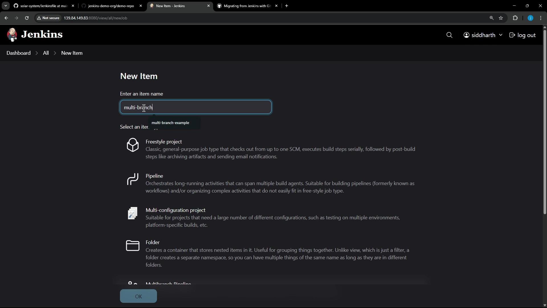 A screenshot of the Jenkins "New Item" page showing an item name field with "multi-branch" typed in. Below it are selectable job types like Freestyle project, Pipeline, and Multi-configuration project.