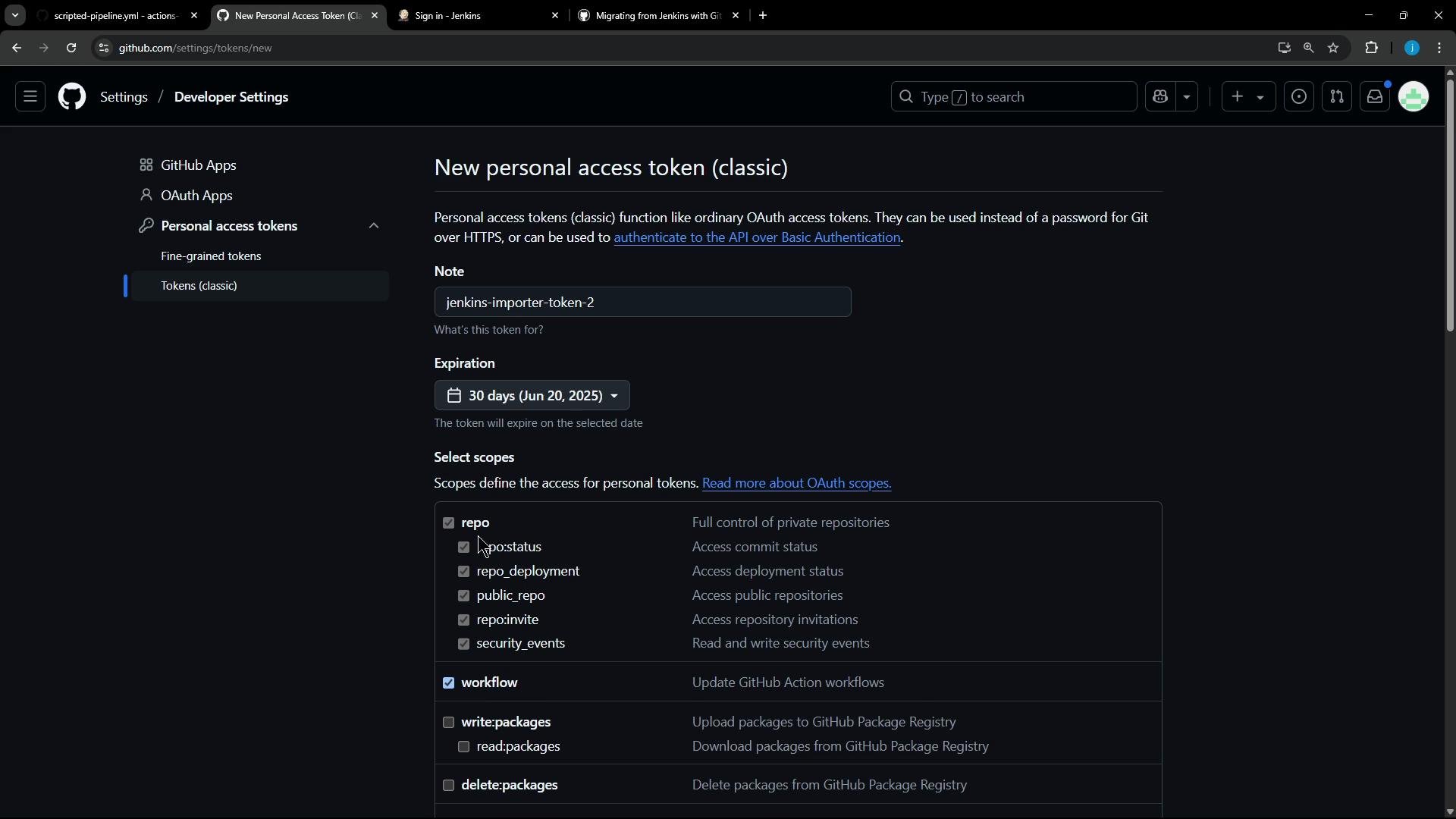 A dark-themed GitHub Developer Settings screen showing the "New personal access token (classic)" form with the note set to "jenkins-importer-token-2", a 30-day expiration, and various repo/workflow scopes selected.