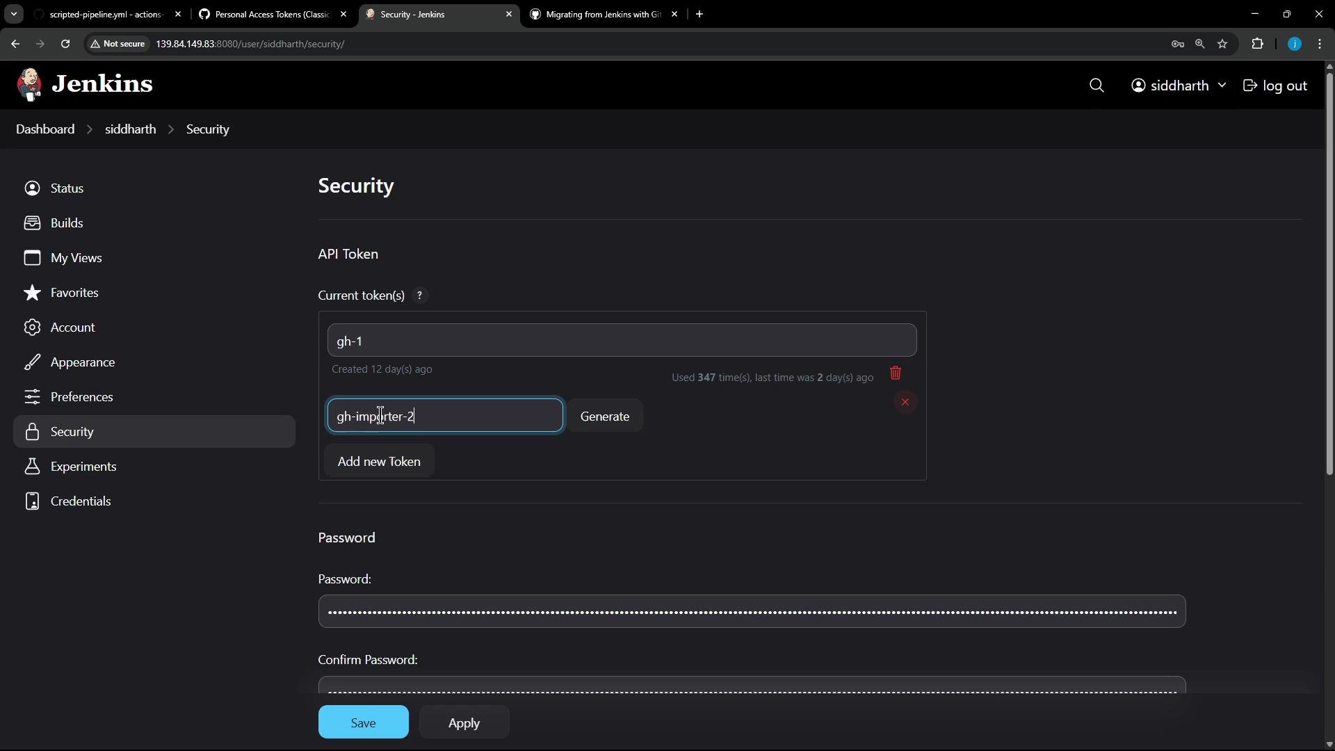 A screenshot of the Jenkins Security settings page showing API token management, with an existing token listed and a field to create a new token. The lower part shows masked password and confirm-password fields and Save/Apply buttons.