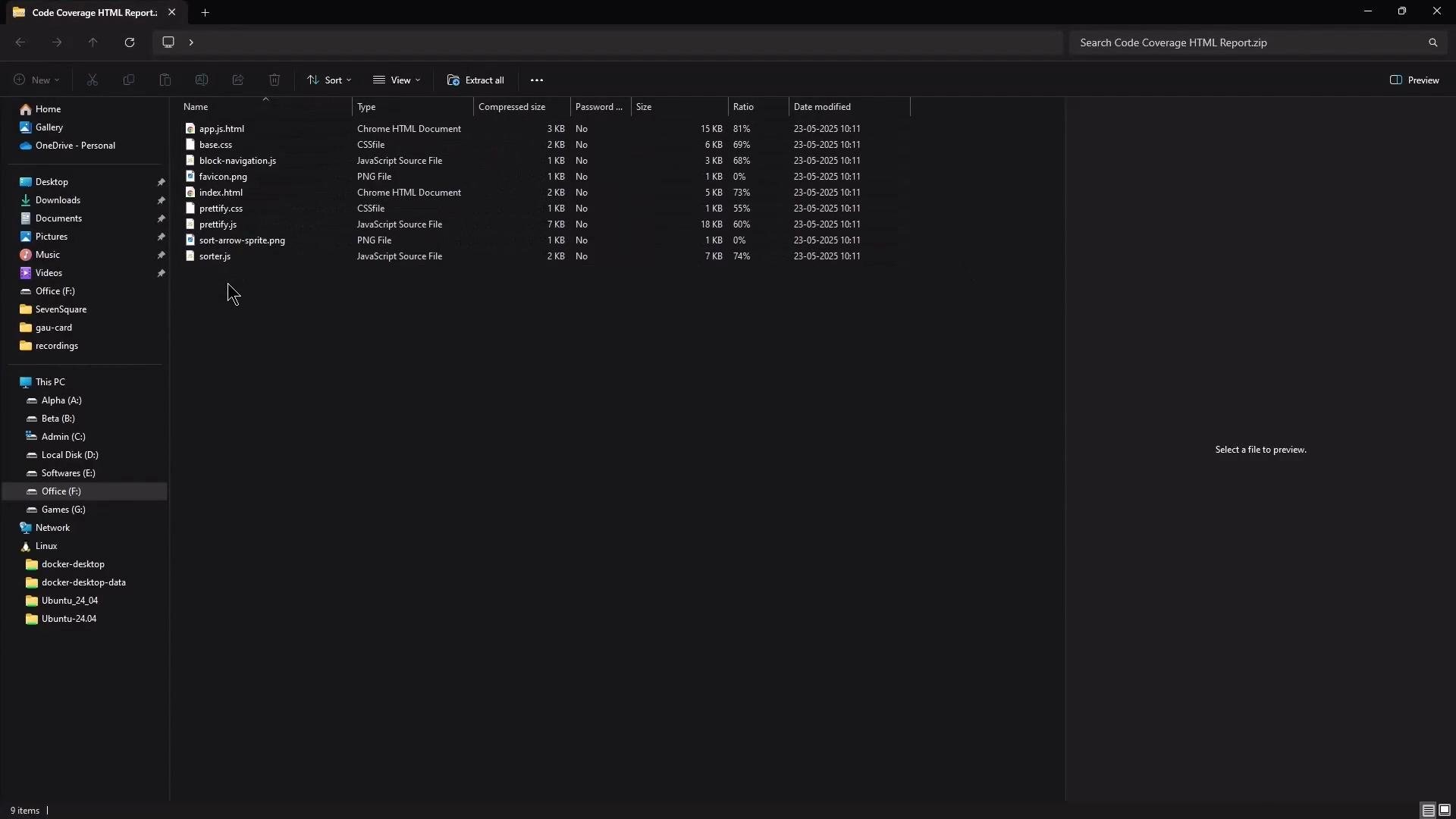 A dark‑theme Windows File Explorer window showing the contents of a "Code Coverage HTML Report.zip" with a list of HTML, CSS, JS and PNG files (e.g., app.js.html, base.css, index.html). The left navigation pane shows drives and folders and the right preview area says "Select a file to preview."