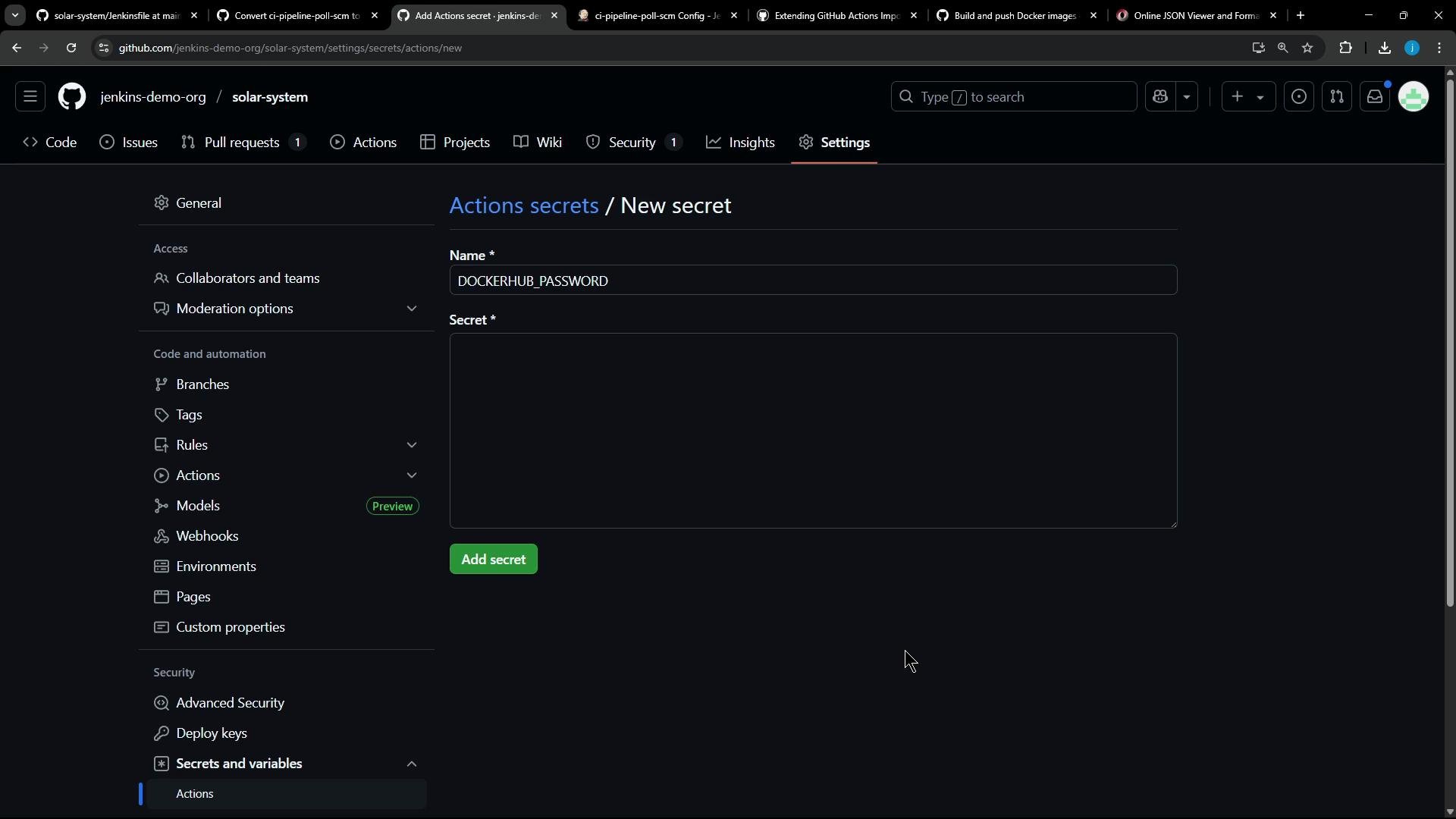 A screenshot of a GitHub repository Settings page open to "Actions secrets / New secret," with the Name field filled as "DOCKERHUB_PASSWORD" and the Secret textbox empty. The left sidebar shows repository settings and code/automation options.