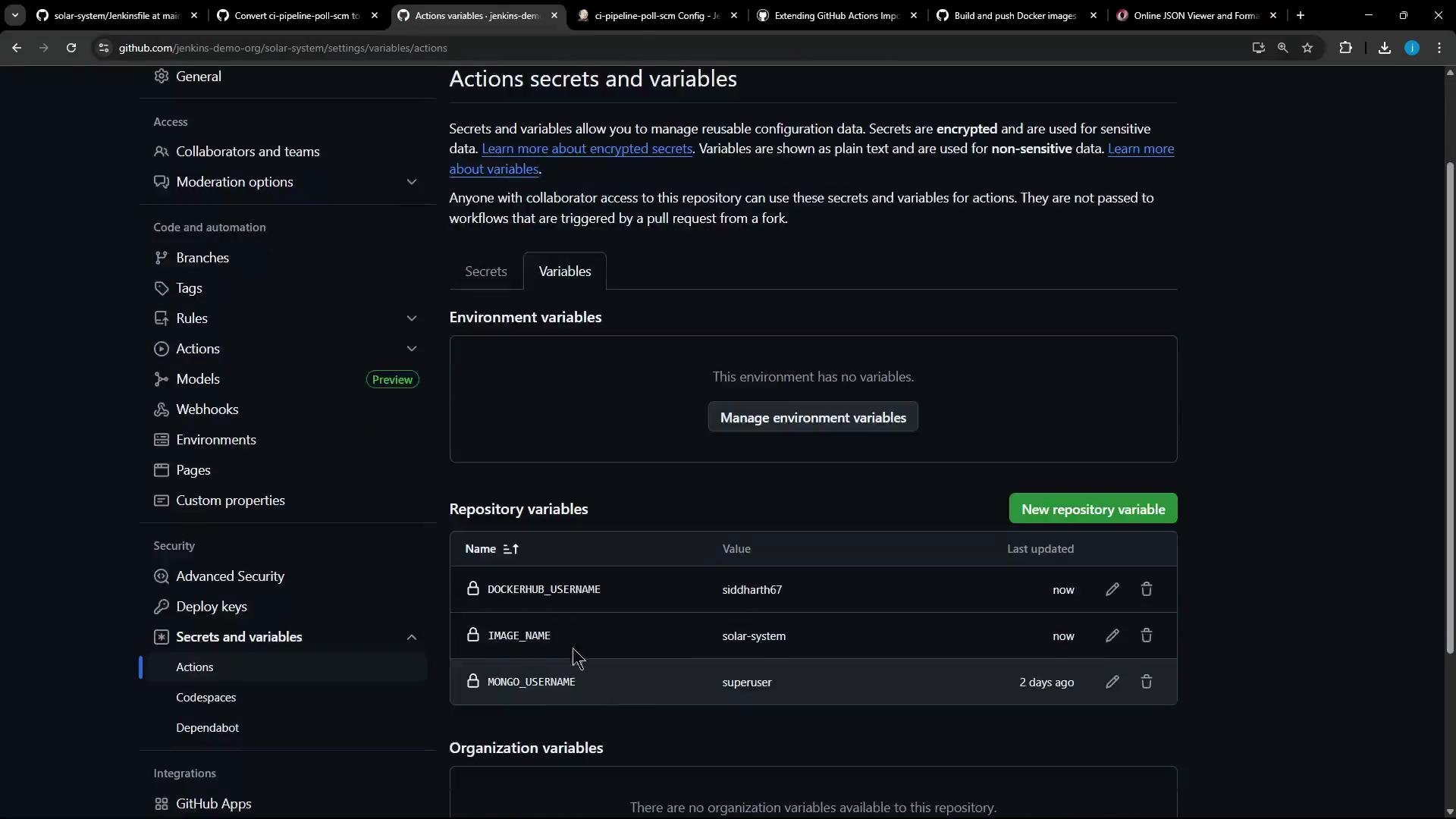 A dark-themed screenshot of a GitHub repository "Actions secrets and variables" settings page showing environment and repository variables (e.g., DOCKERHUB_USERNAME, IMAGE_NAME, MONGO_USERNAME). The left sidebar shows repository settings sections like Branches, Actions, Webhooks, and Secrets and variables.