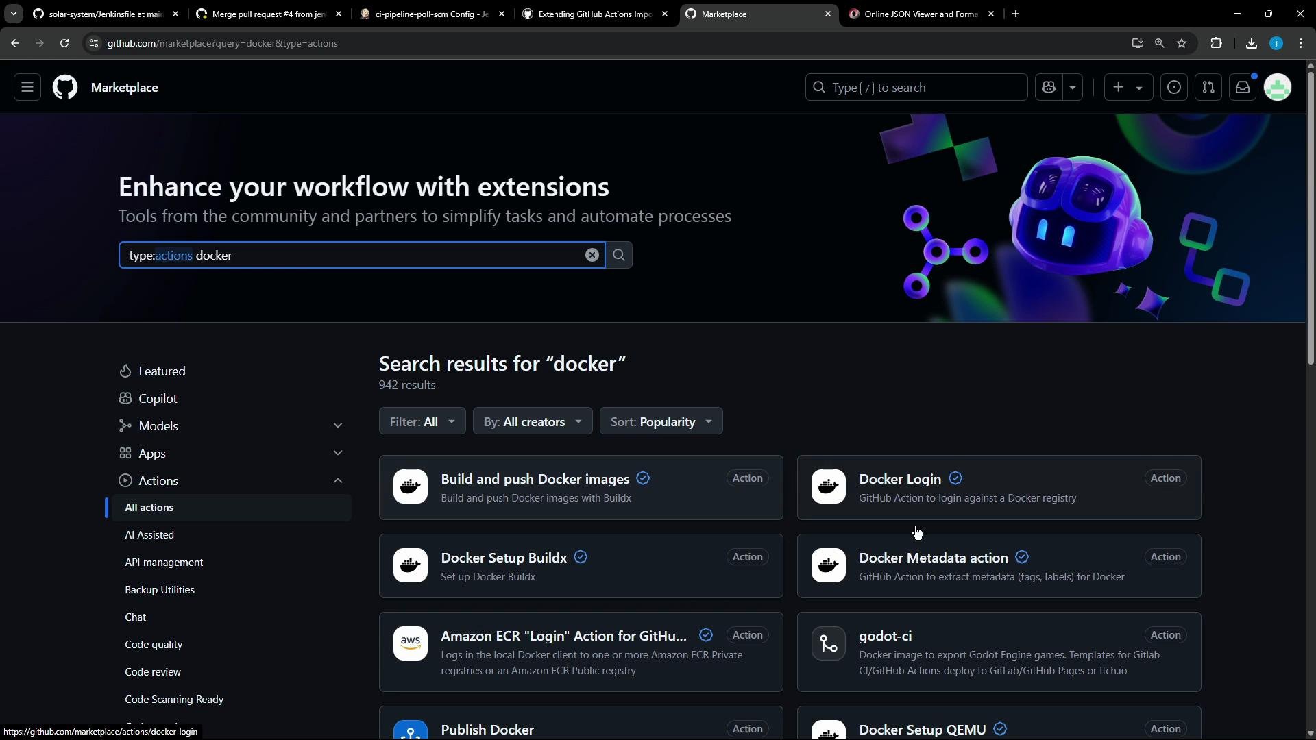 A dark-themed screenshot of the GitHub Marketplace Actions page with a search for "docker." The page shows the "Enhance your workflow with extensions" header and multiple Docker-related action cards like "Build and push Docker images" and "Docker Login."