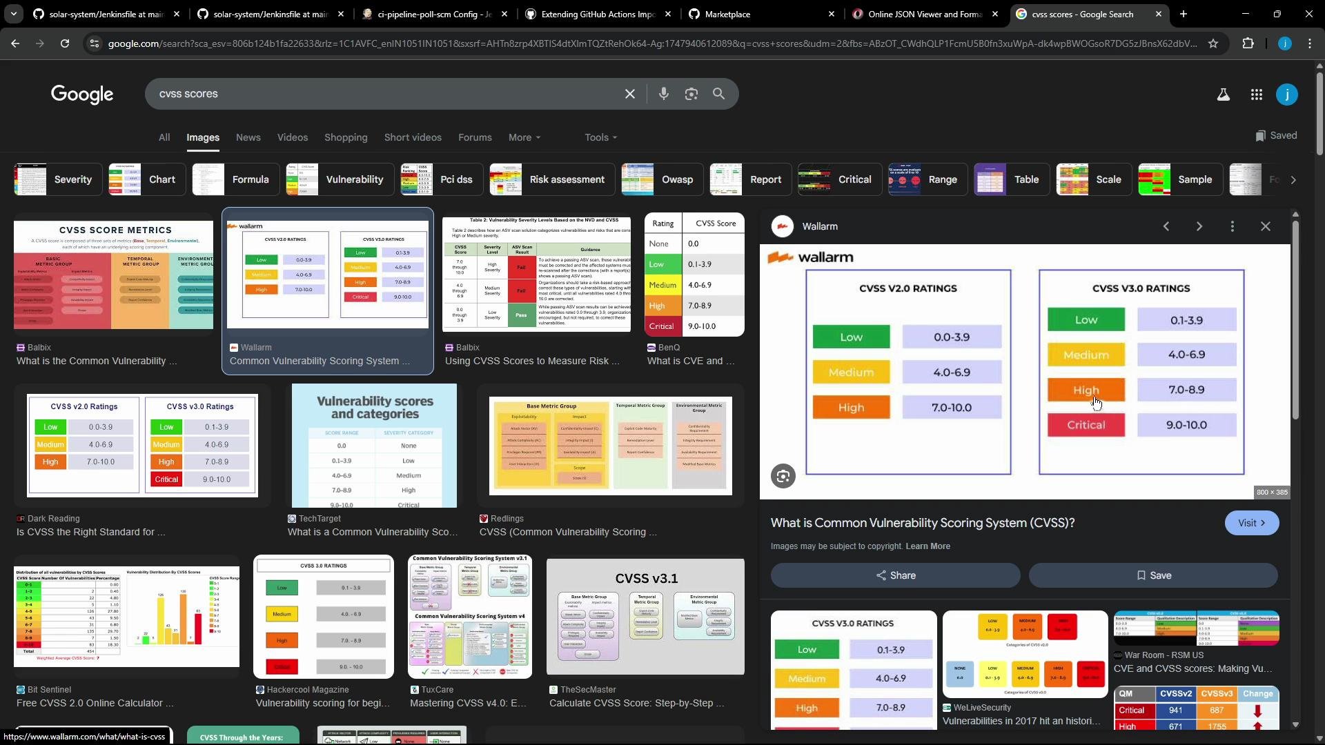A screenshot of a Google Images results page for "cvss scores," showing many thumbnails and charts that display CVSS rating categories (Low, Medium, High, Critical) and score ranges. The browser is in a dark theme with search tabs visible across the top.
