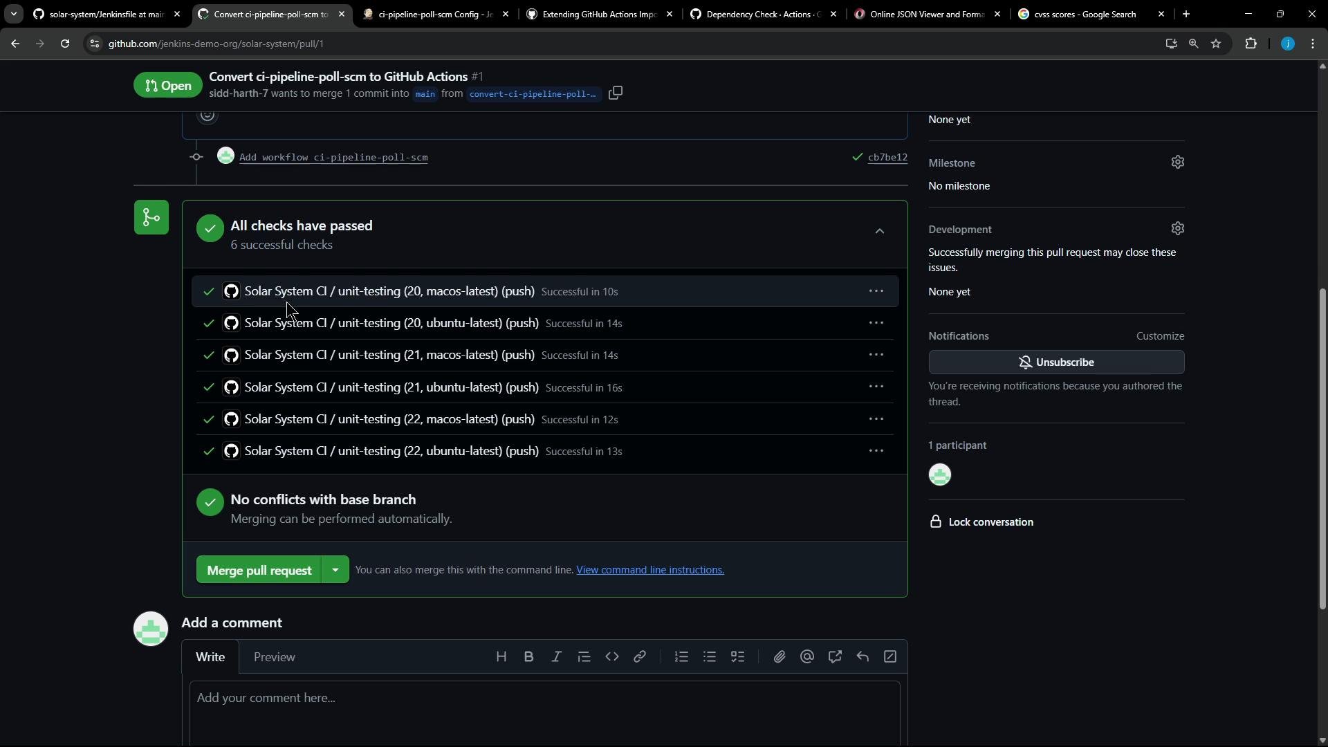 A screenshot of a GitHub pull request page titled "Convert ci-pipeline-poll-scm to GitHub Actions" showing a green "All checks have passed" panel with multiple successful "Solar System CI / unit-testing" checks and a green "Merge pull request" button.