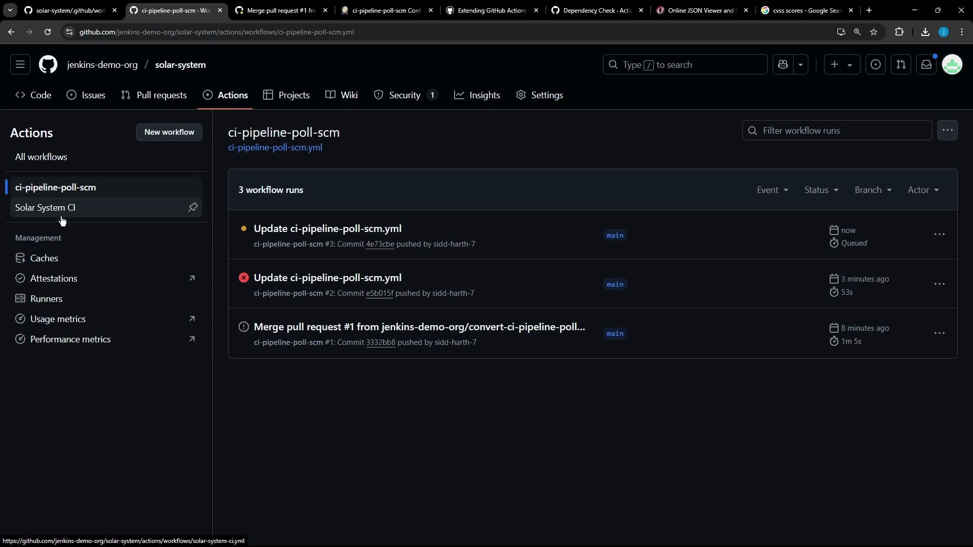 Screenshot of a GitHub Actions page for the jenkins-demo-org/solar-system repo showing the "ci-pipeline-poll-scm" workflow and three recent workflow runs on the main branch. The left sidebar shows workflow navigation and management options like Caches, Runners, and Usage metrics.