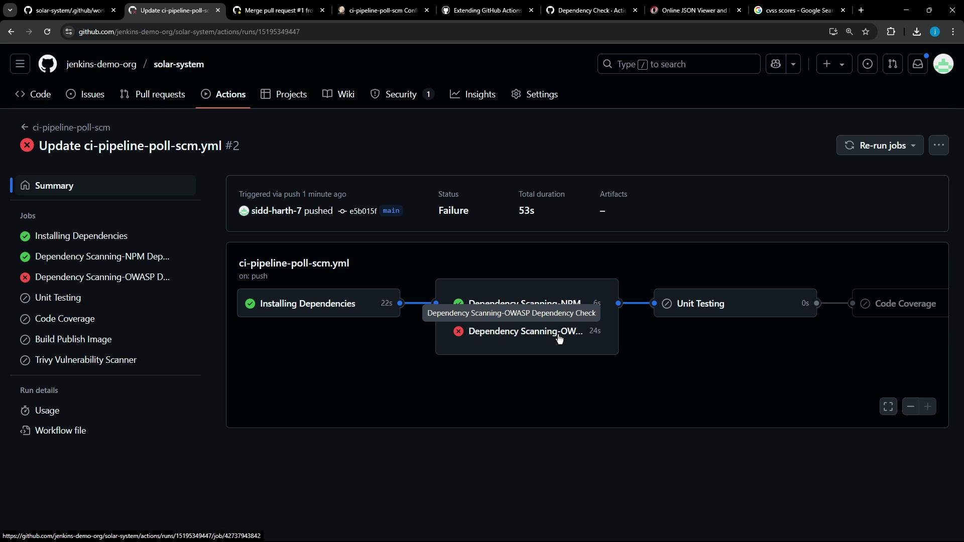 Screenshot of a GitHub Actions workflow run for the jenkins-demo-org/solar-system repo. The run "Update ci-pipeline-poll-scm.yml" shows Failure because the "Dependency Scanning - OWASP Dependency Check" job failed while steps like Installing Dependencies and NPM scanning succeeded.