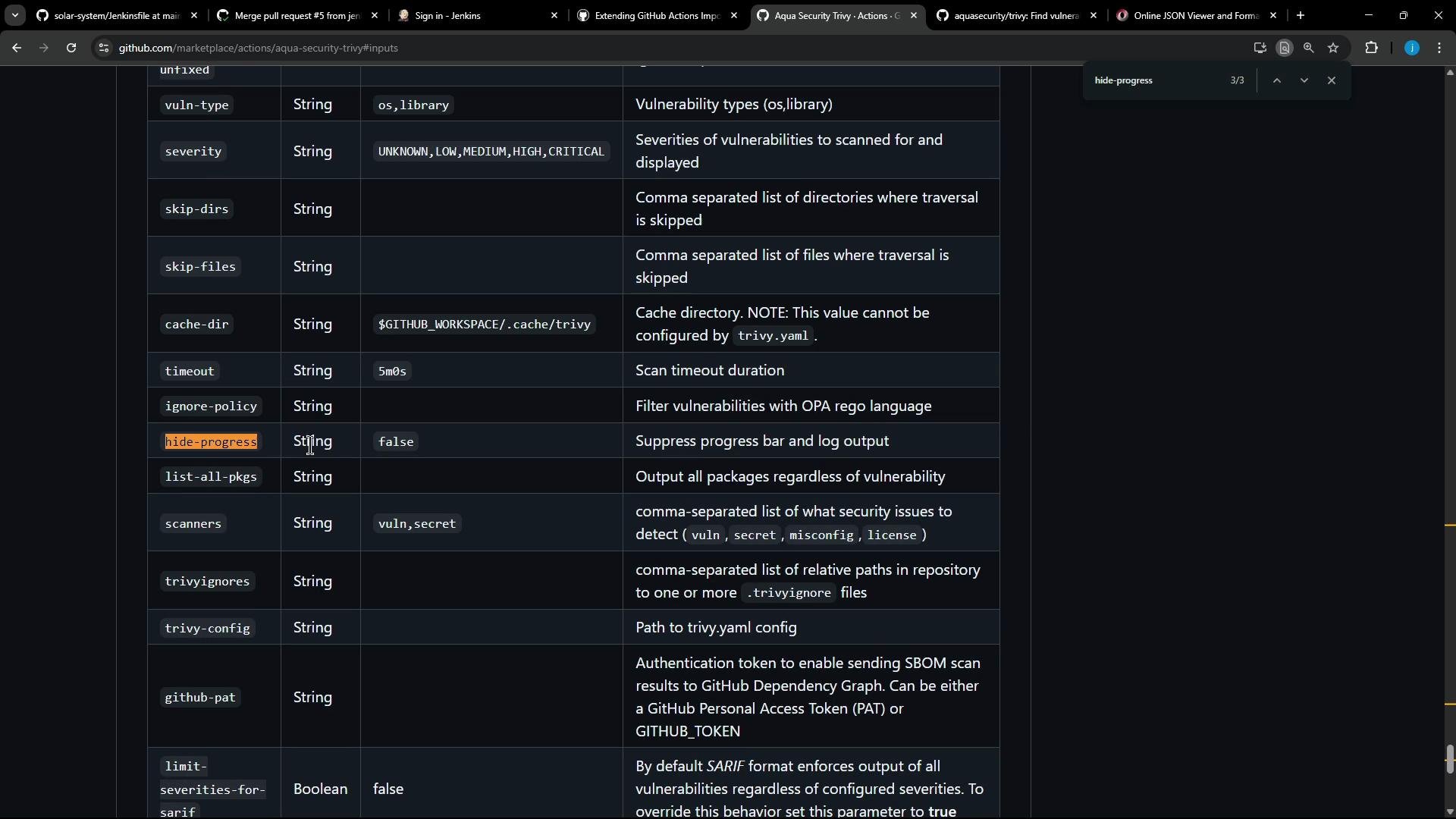 A dark-themed screenshot of a GitHub Marketplace / Actions page showing a table of inputs for the Aqua Security Trivy action, with columns for option name, type, default and description. The table lists parameters like vuln-type, severity, skip-dirs, cache-dir and a highlighted "hide-progress" row.