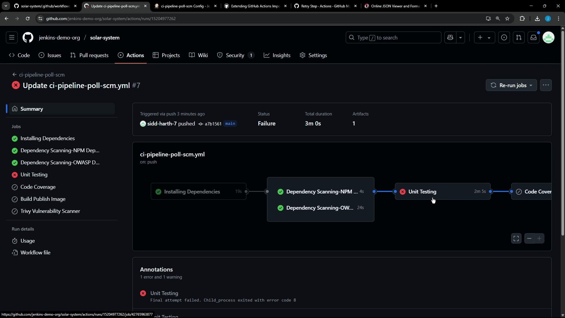 A dark-theme GitHub Actions workflow run page for the jenkins-demo-org/solar-system repository showing a failed CI run ("Update ci-pipeline-poll-scm.yml") where the Unit Testing job failed while dependency scans passed. The screen displays the job list with green checks and a red X and a visual pipeline flow highlighting the failing test step.
