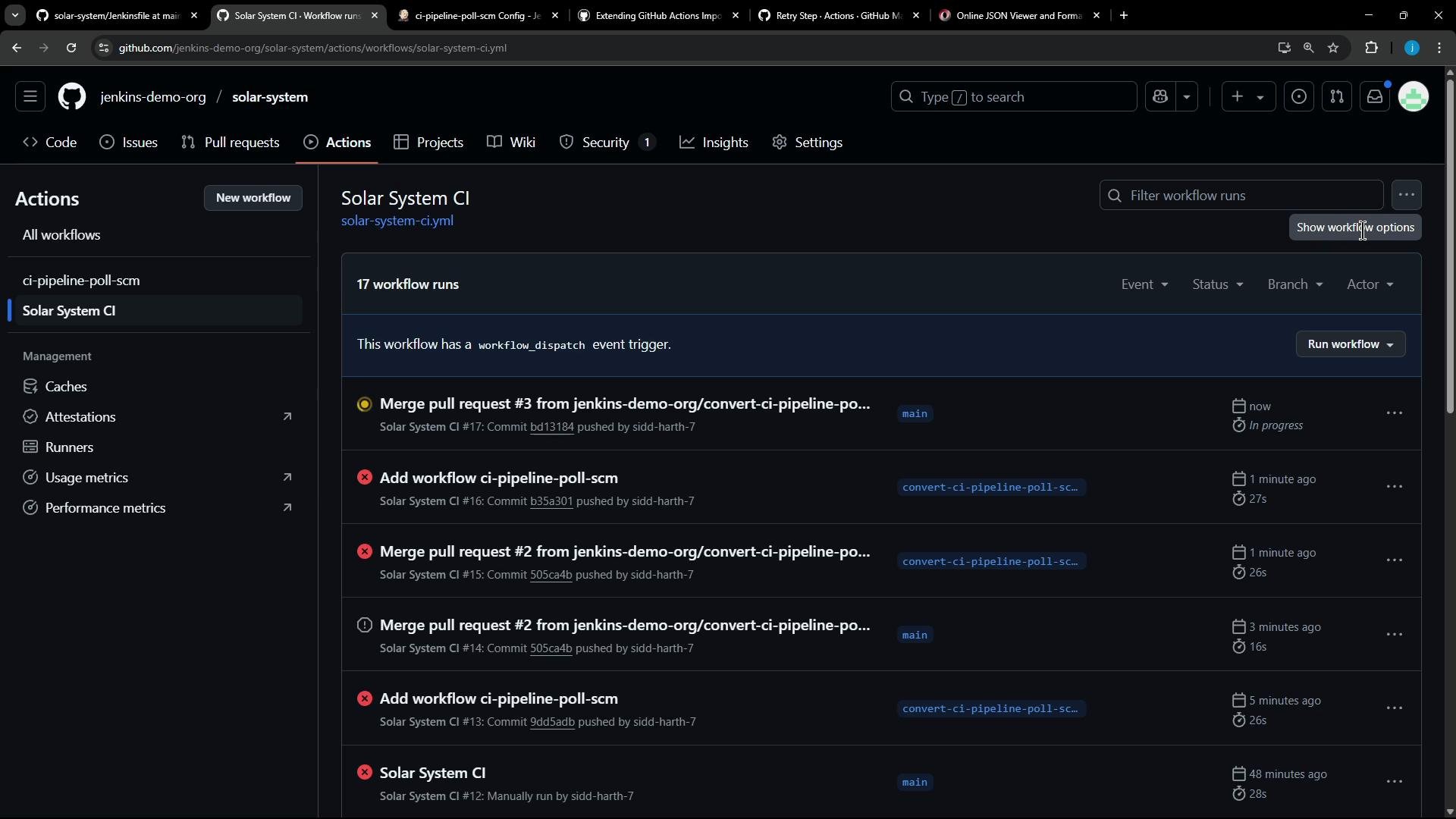 A dark-themed GitHub Actions page for the "jenkins-demo-org/solar-system" repo showing the "Solar System CI" workflow and a list of recent workflow runs. The main panel displays individual run entries with statuses, timestamps and branch labels, while the left sidebar shows workflow and management options like Caches and Runners.