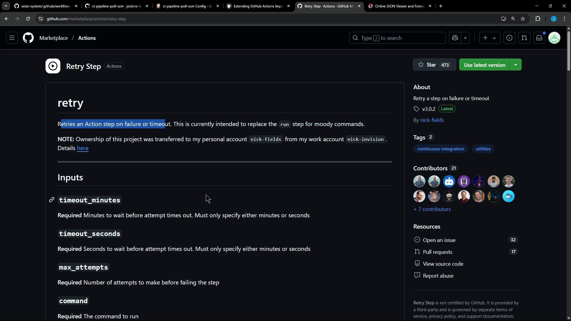 Screenshot of a GitHub Marketplace Actions page for the "Retry Step" action, showing its description and input parameters (timeout_minutes, timeout_seconds, max_attempts, command) in a dark theme. The right sidebar displays the version, tags, and contributor avatars.