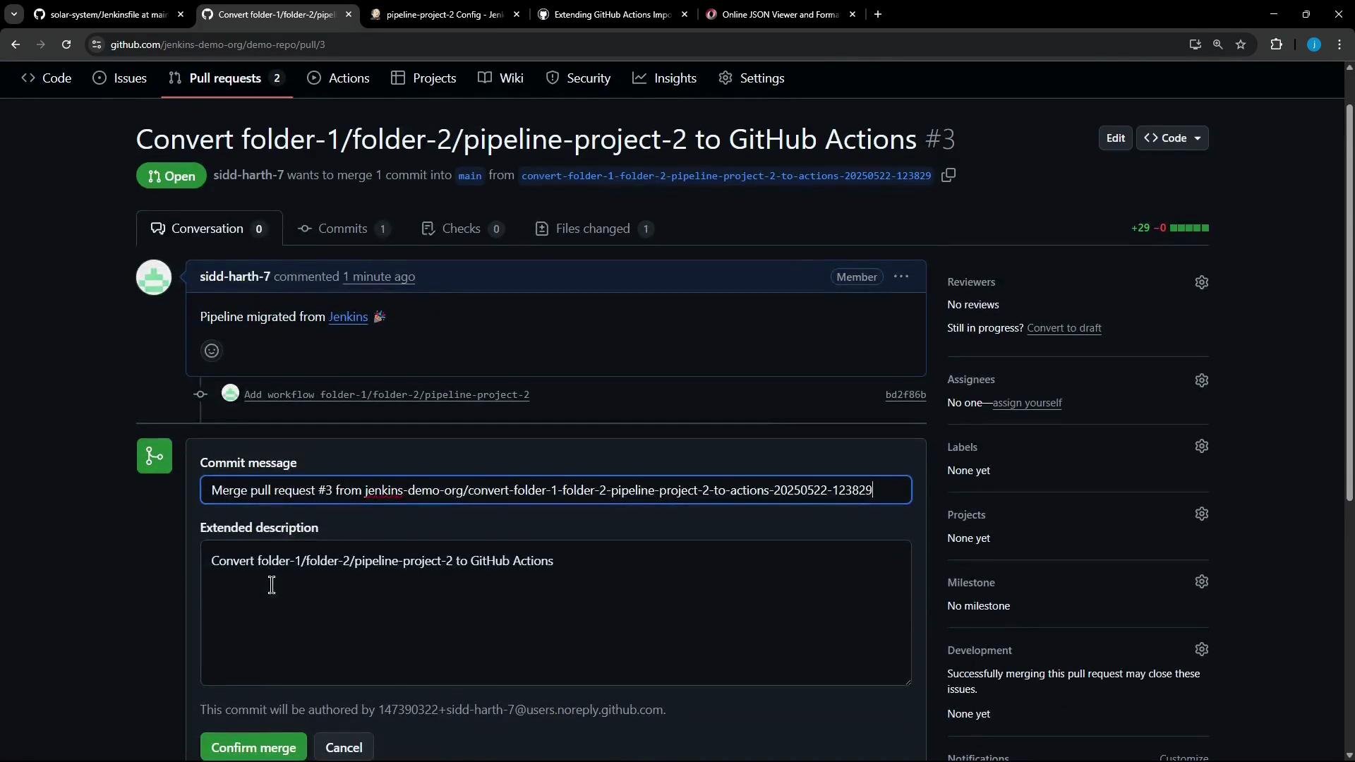 A screenshot of a GitHub pull request page titled "Convert folder-1/folder-2/pipeline-project-2 to GitHub Actions." The page shows a comment saying the pipeline was migrated from Jenkins and the commit message / merge confirmation form.