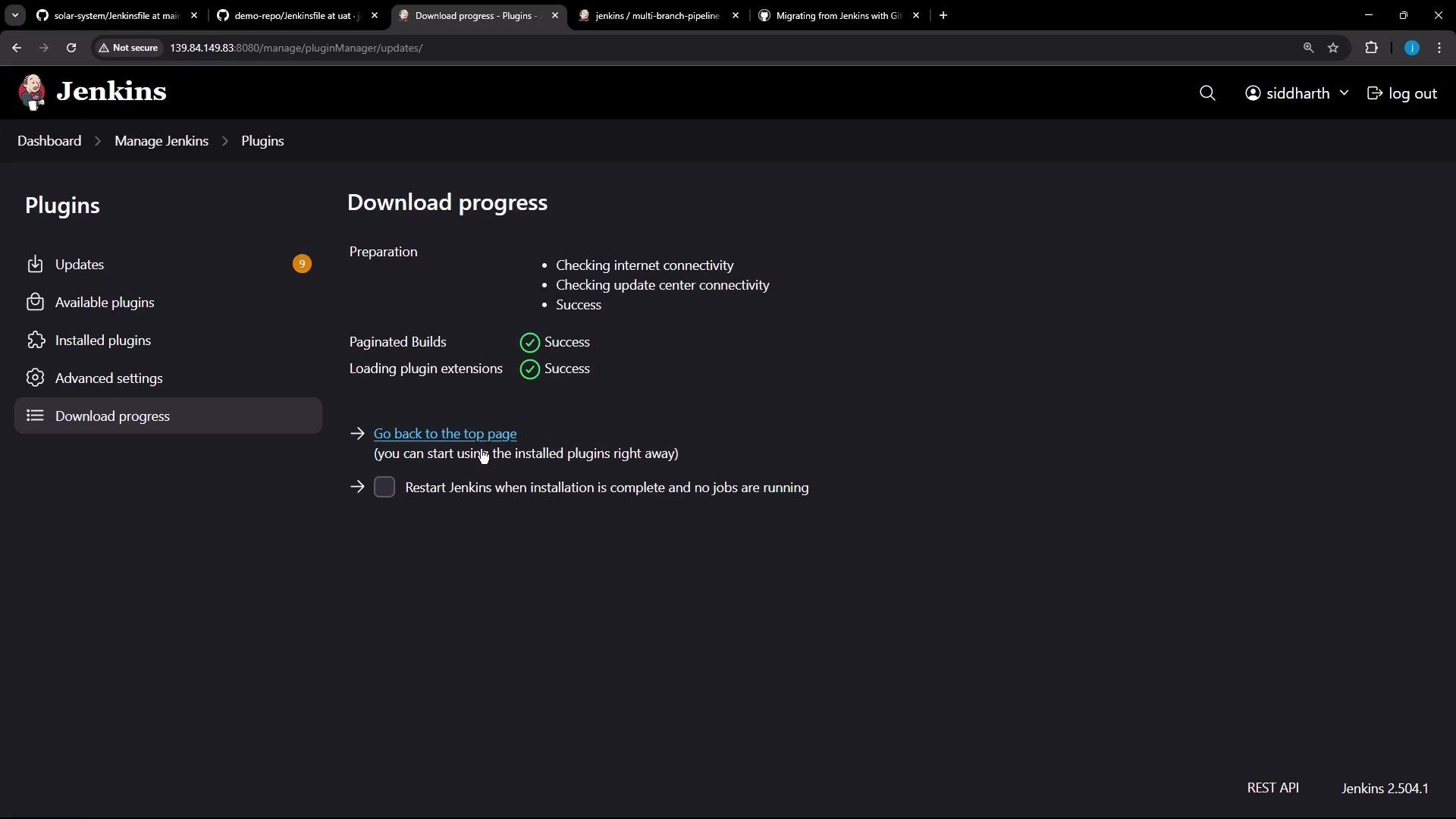 A screenshot of the Jenkins "Download progress" page showing preparation steps and green success indicators for Paginated Builds and loading plugin extensions. The left sidebar shows the Plugins menu (Updates, Available plugins, Installed plugins, etc.).