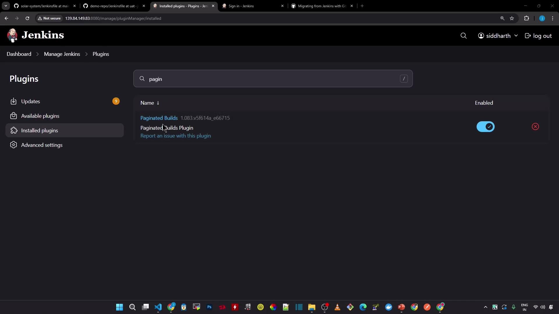 A screenshot of the Jenkins Plugins management page (dark theme) showing the "Paginated Builds" plugin listed. The plugin is enabled with a blue toggle and the sidebar shows Installed plugins and other settings.