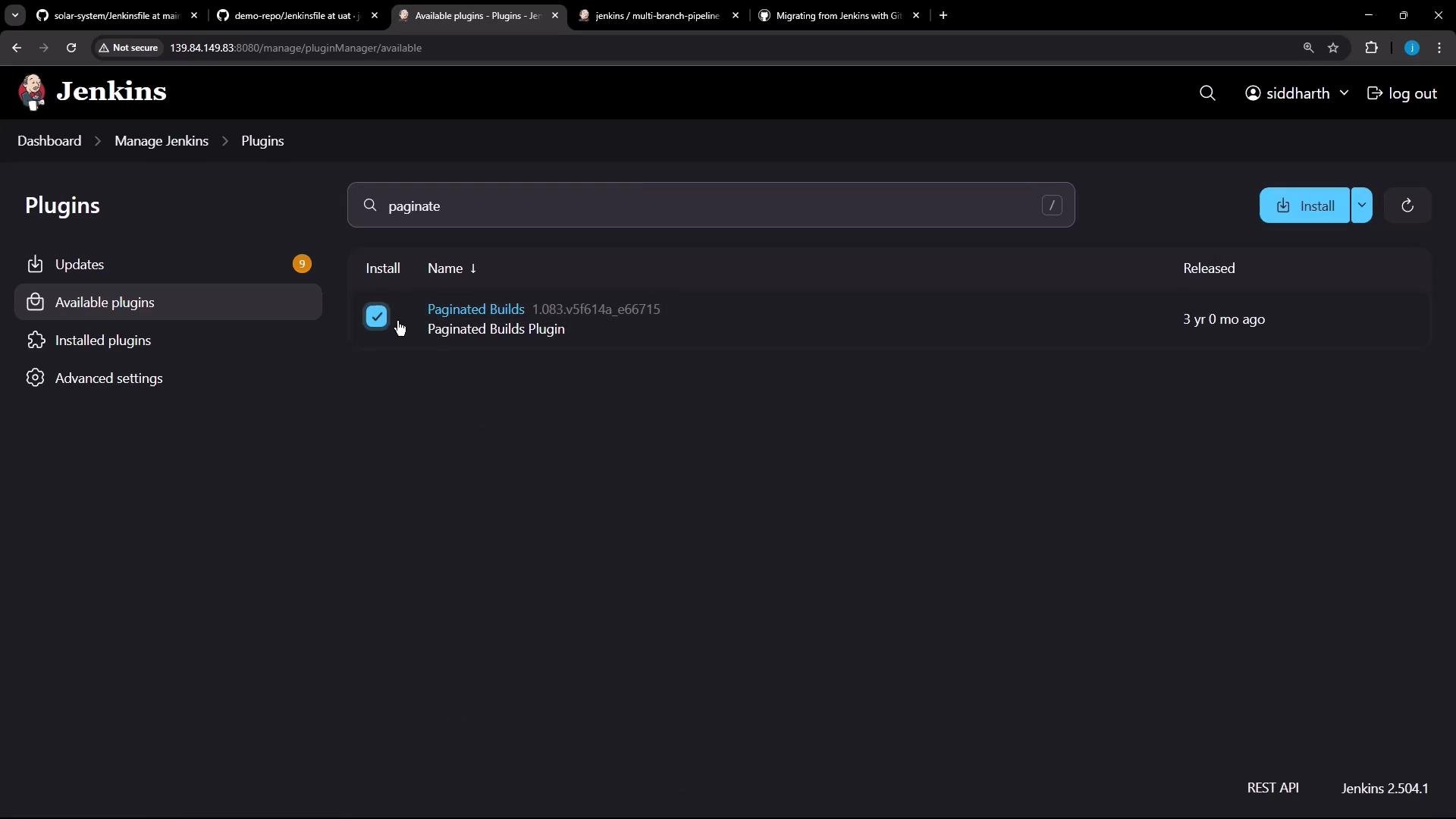 Screenshot of the Jenkins "Available plugins" page in dark mode showing the search for "paginate" and the "Paginated Builds" plugin selected. A blue "Install" button is visible at the top-right.