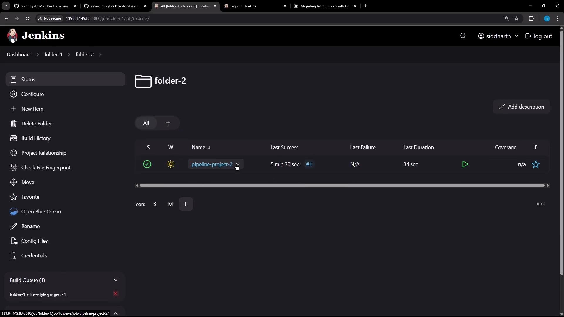 A dark‑theme Jenkins web interface showing a folder titled "folder-2" with a listed pipeline job (pipeline-project-2) and columns for last success, last failure and duration. The left sidebar displays folder actions (Configure, New Item, Delete Folder, etc.) and a small build queue panel is visible.