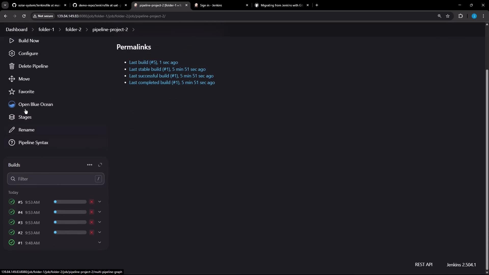 A screenshot of a Jenkins pipeline project page (pipeline-project-2) showing the left action menu (Build Now, Configure, Open Blue Ocean, etc.), a central "Permalinks" list of recent builds, and a Builds panel with recent build statuses. The UI is in dark mode and shows the Jenkins version 2.504.1 in the corner.