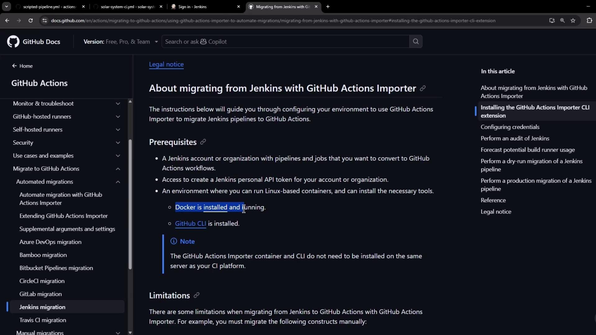 A screenshot of the GitHub Docs page titled "About migrating from Jenkins with GitHub Actions Importer," showing navigation on the left, a table of contents on the right, and prerequisites (like "Docker is installed and running") in the main content area. The page is displayed in a dark theme within a browser.