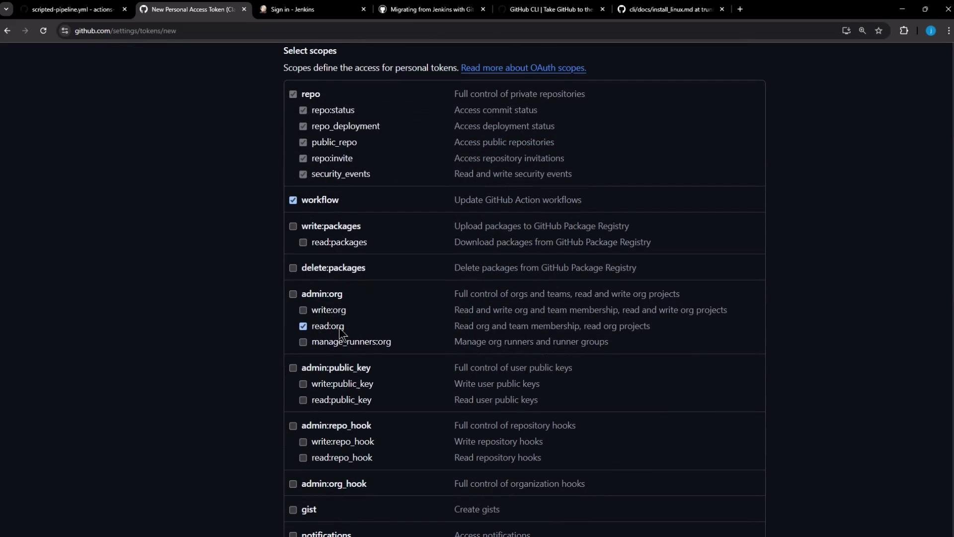 A screenshot of GitHub's "Select scopes" page for creating a personal access token. It shows a list of permission checkboxes (e.g., repo, workflow, write:packages, read:org) with some options checked.