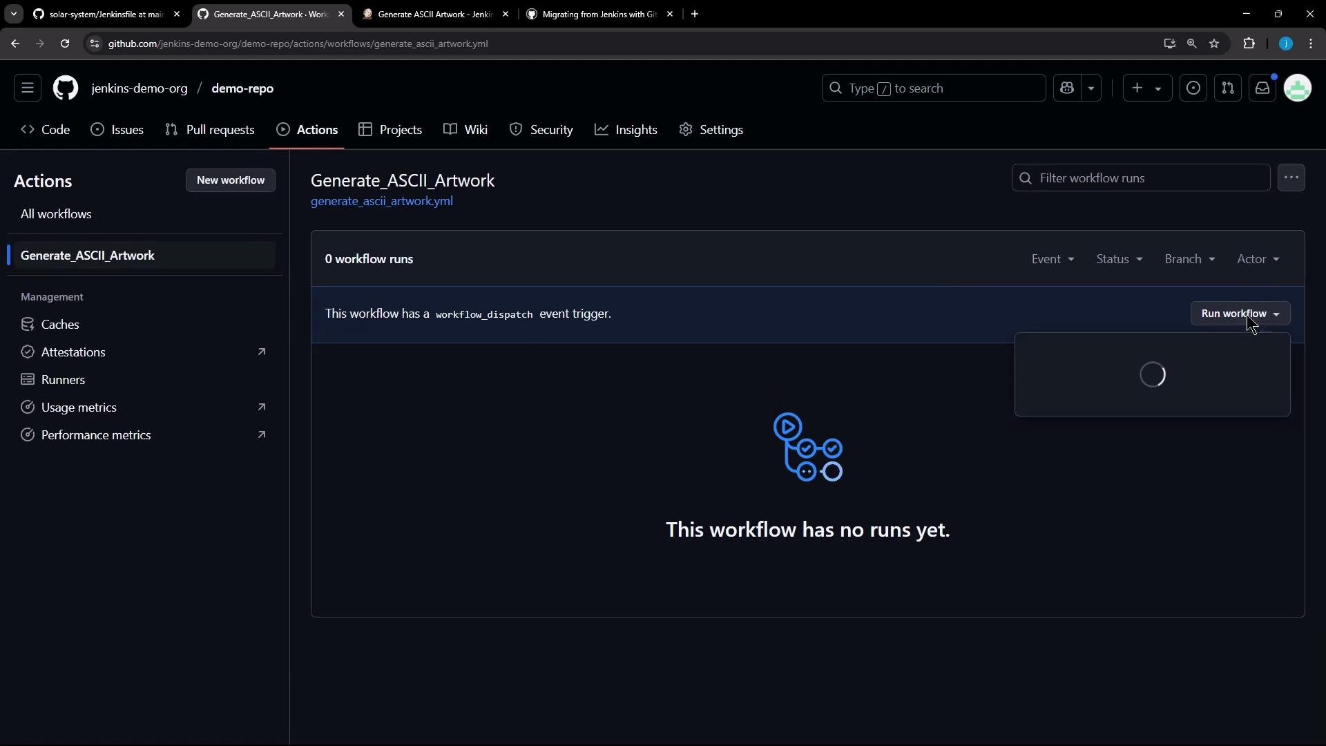 A dark-themed GitHub Actions page for the repo "jenkins-demo-org/demo-repo" showing the "Generate_ASCII_Artwork" workflow with no runs and a "Run workflow" button. The left sidebar shows management items like Caches, Runners, and usage/performance metrics.