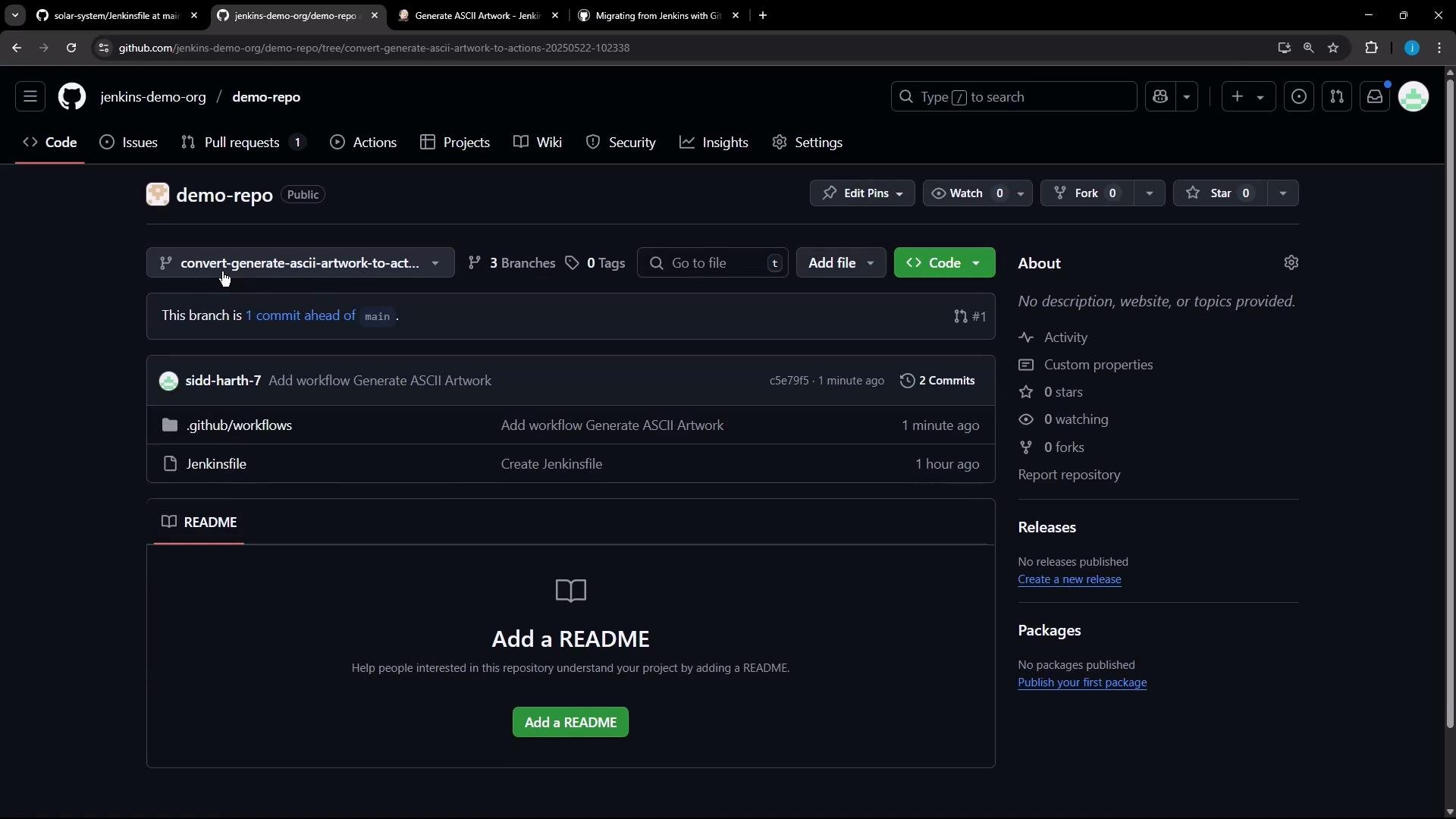 A dark‑themed screenshot of a GitHub repository page for "demo-repo," showing the selected branch "convert-generate-ascii-artwork-to-act..." with recent commits and files (.github/workflows, Jenkinsfile). The main pane prompts to "Add a README" and the right sidebar shows repo details like activity and no stars or forks.