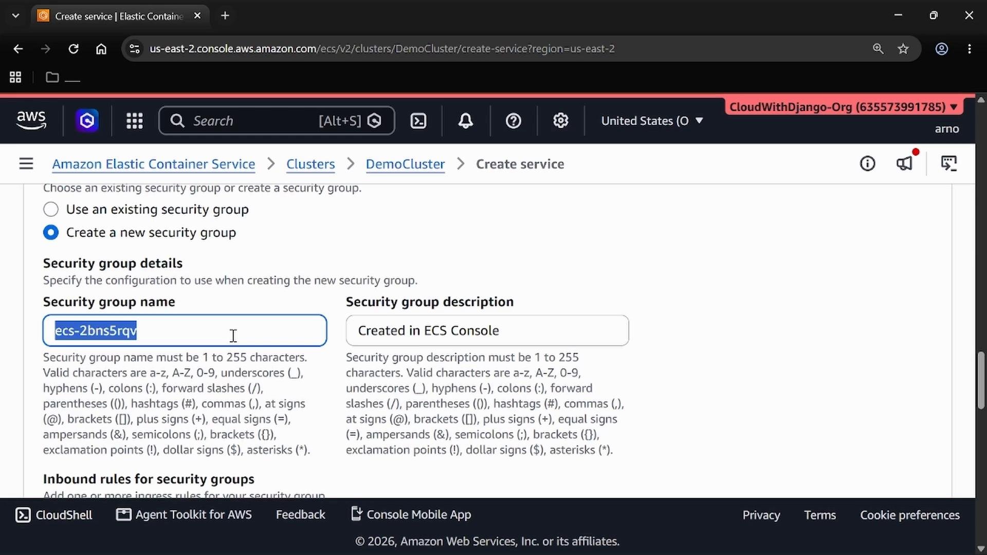 A screenshot of the AWS Elastic Container Service "Create service" page showing the "Create a new security group" option. The security group name field (ecs-2bns5rqv) is highlighted and the description reads "Created in ECS Console."