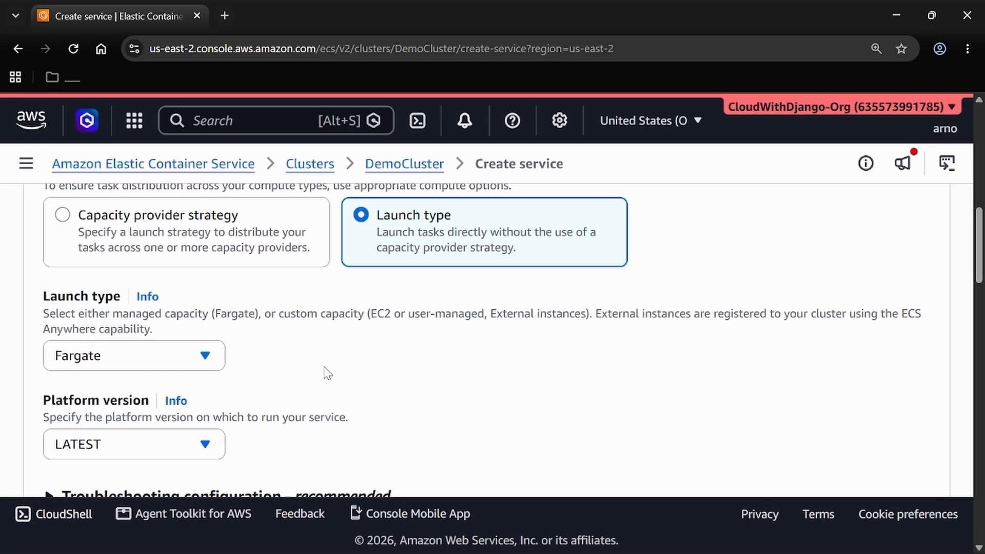 Screenshot of the AWS Management Console on the Amazon Elastic Container Service "Create service" page, showing launch type options with "Launch type" selected and Fargate chosen. The platform version is set to "LATEST" and other service configuration controls are visible.
