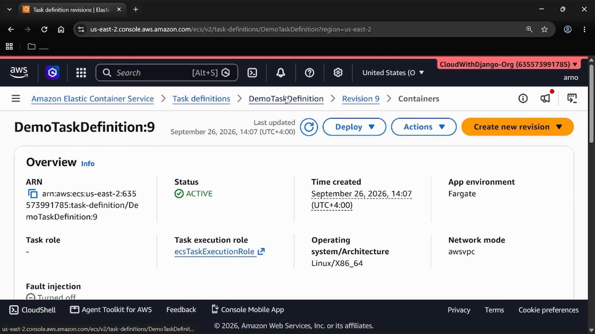 A screenshot of the Amazon Web Services Elastic Container Service console showing a task definition named "DemoTaskDefinition:9" with its Overview panel (ARN, status ACTIVE, time created, and app environment Fargate) and action buttons like Deploy and Create new revision.