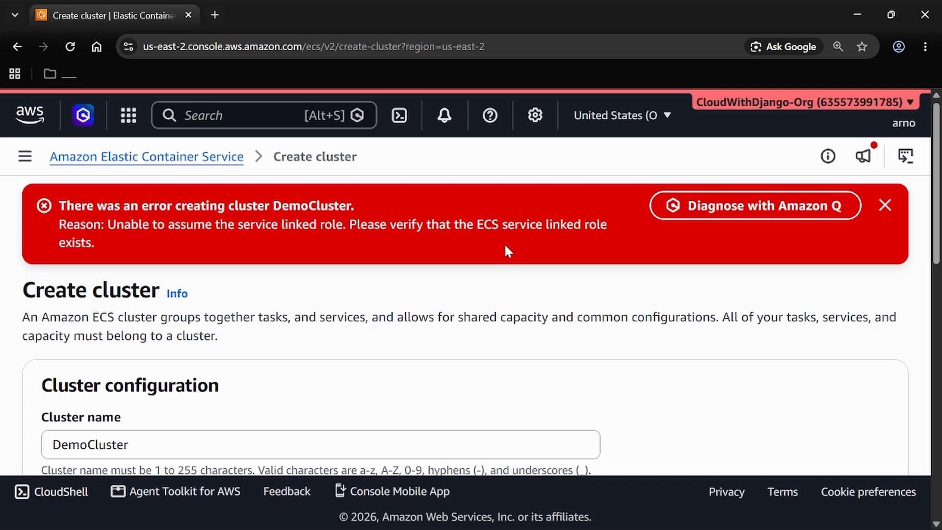 A screenshot of the Amazon Elastic Container Service "Create cluster" page showing a red error banner: "There was an error creating cluster DemoCluster" with the reason "Unable to assume the service linked role." The cluster name field shows "DemoCluster" and the page displays cluster configuration options.